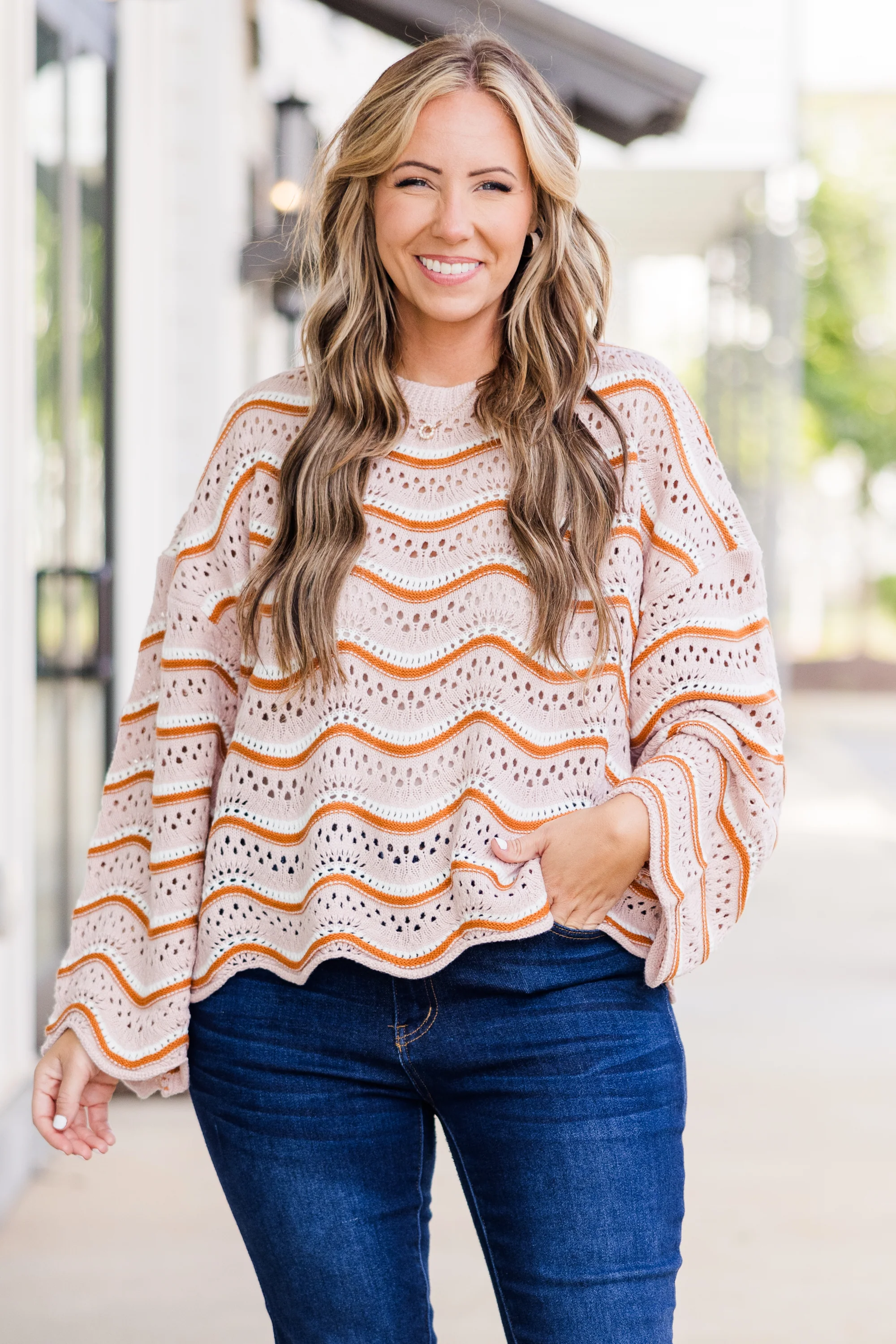 Wavy Comfort Sweater, Cream-Brown - Weilaico