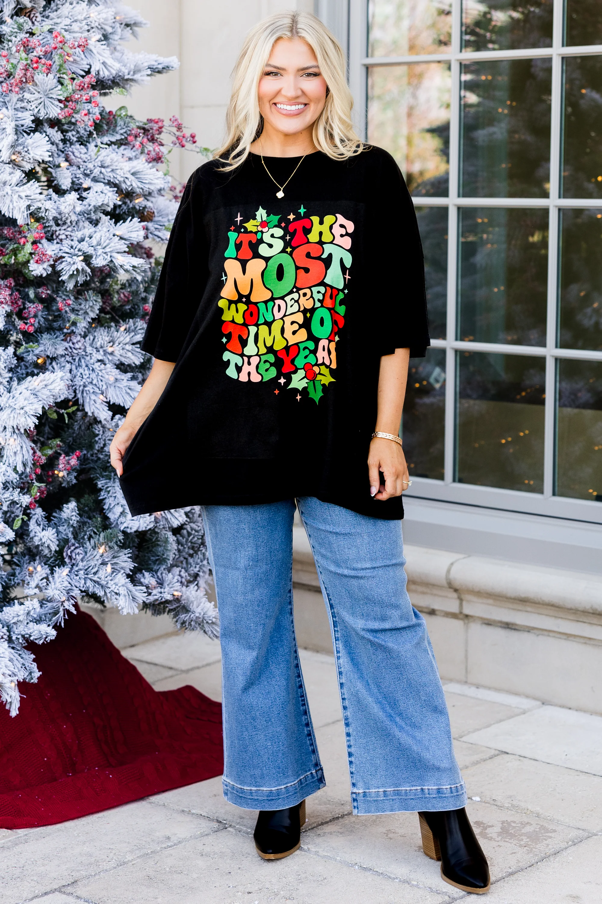 Most Wonderful Time Boyfriend Tee, Black - Weilaico