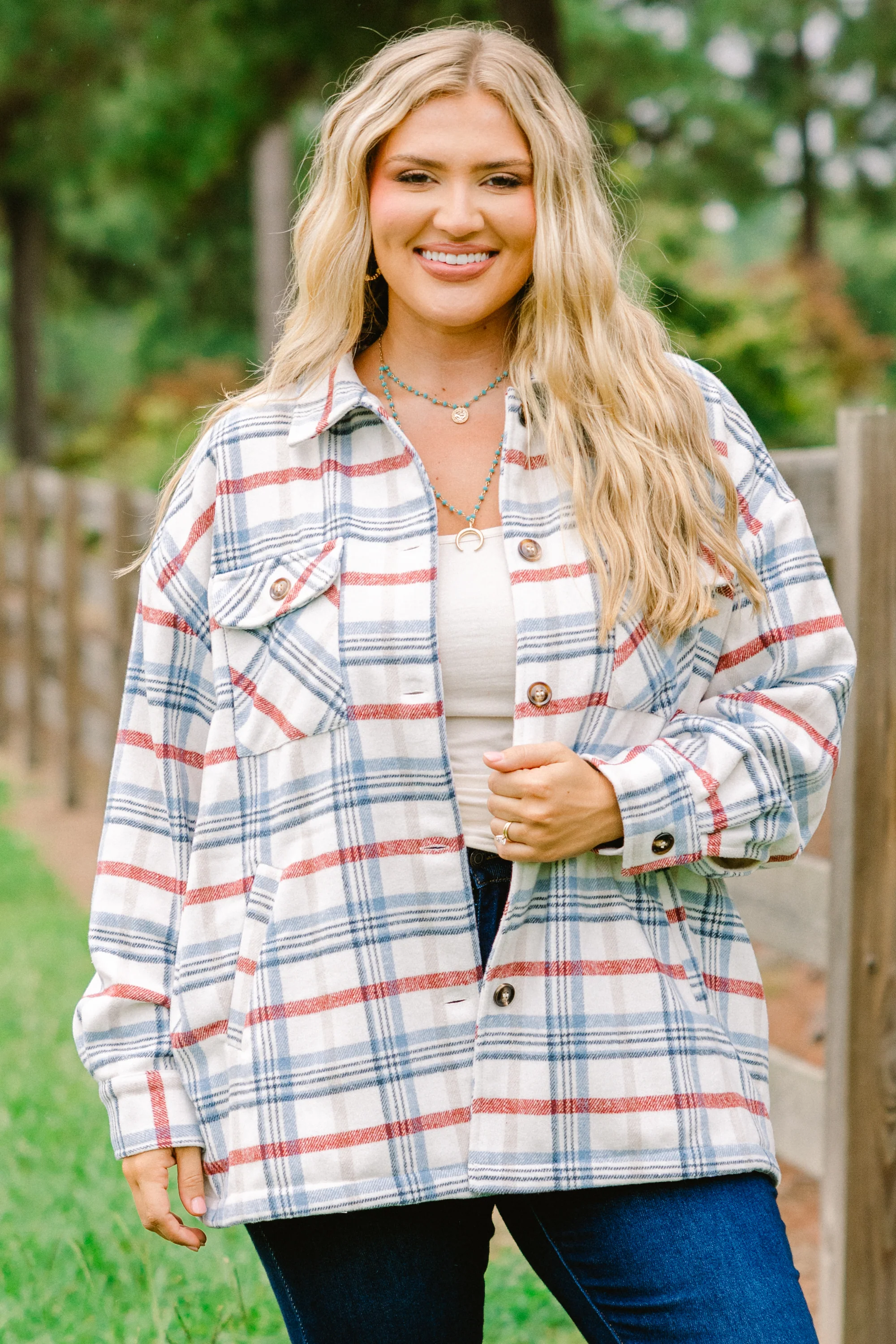 Join The Club Shacket, Blue/Ivory - Weilaico