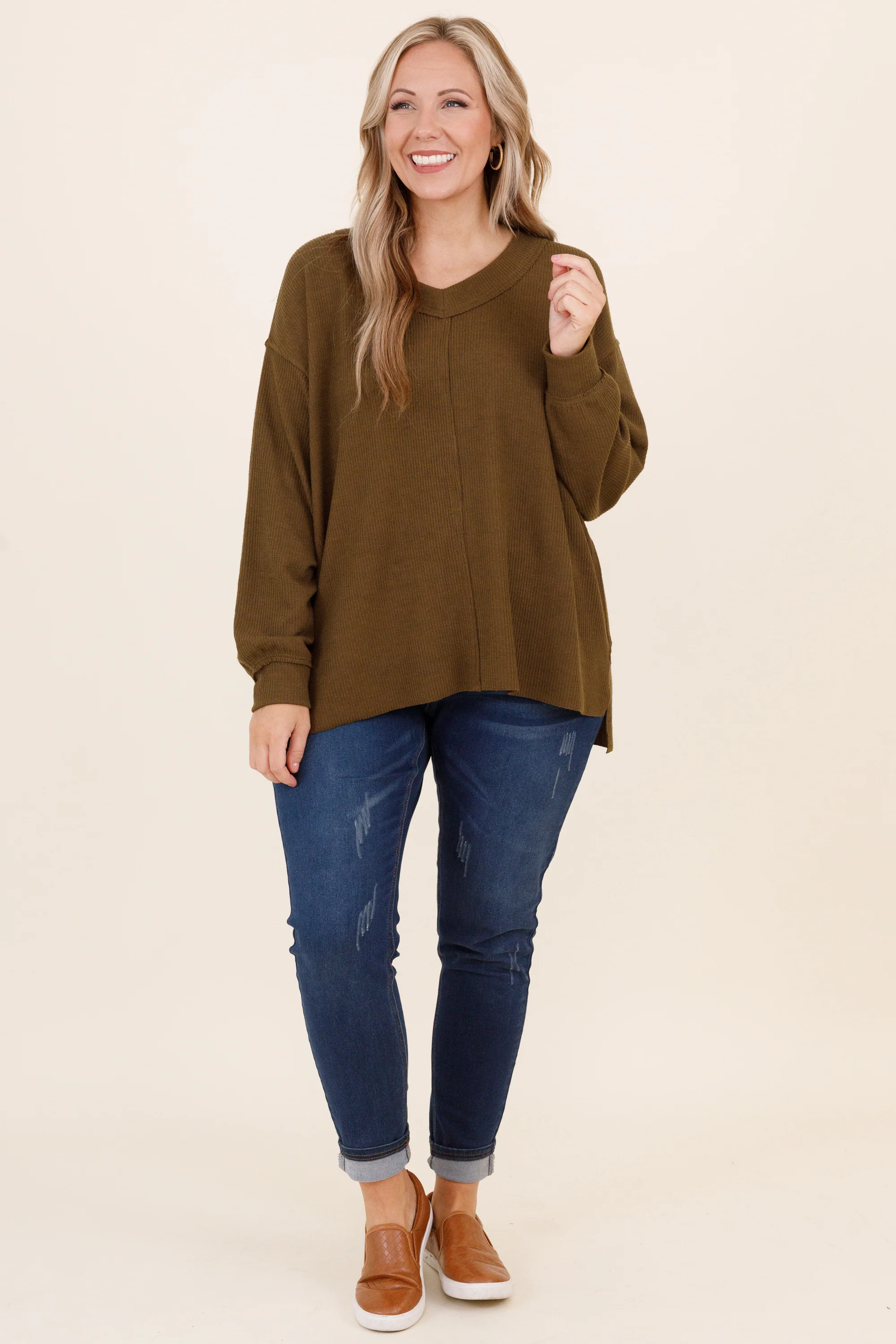 Cozy Textured Sweatshirt, Olive - Weilaico