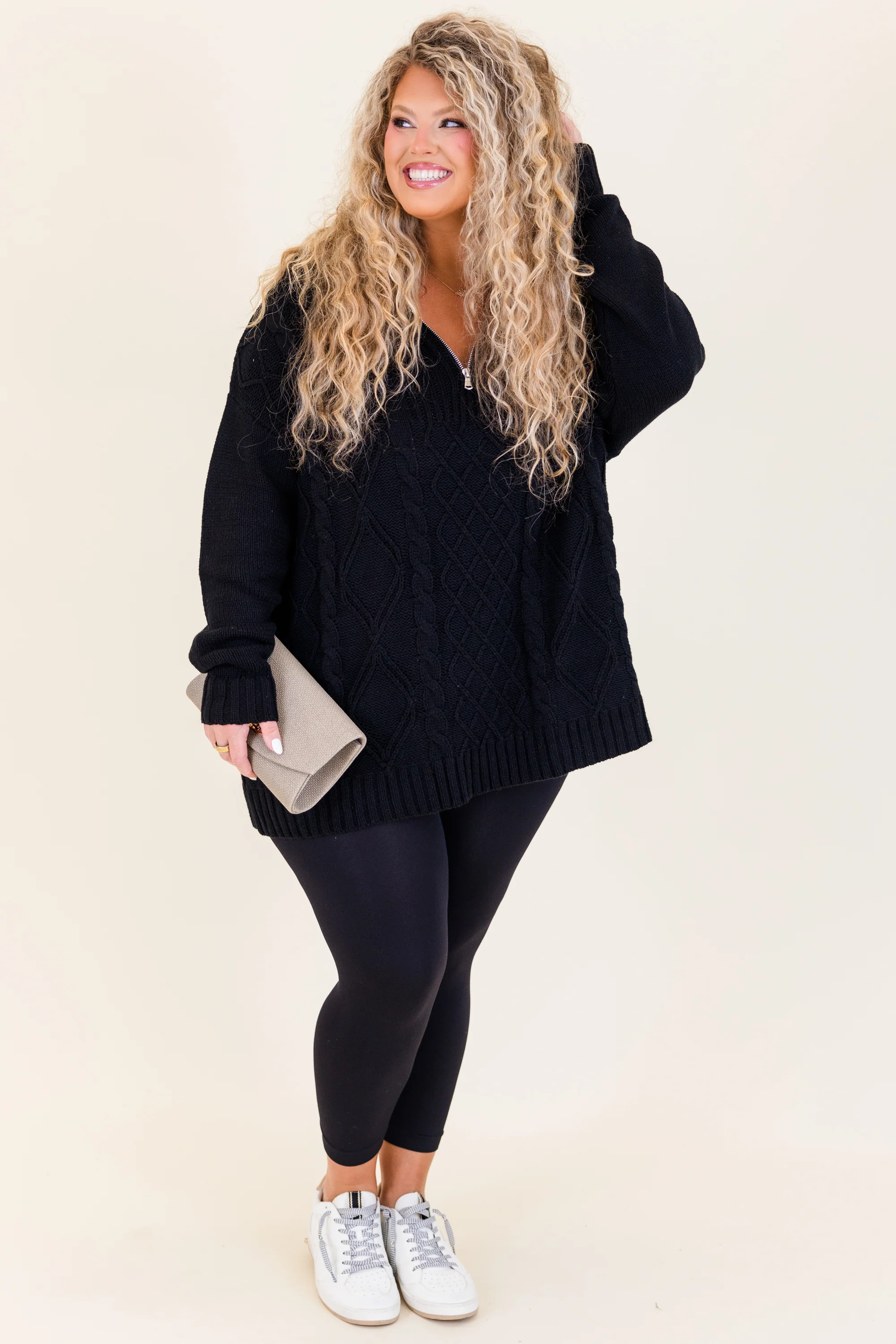 Cable Knit Classic Sweater, Black - Weilaico