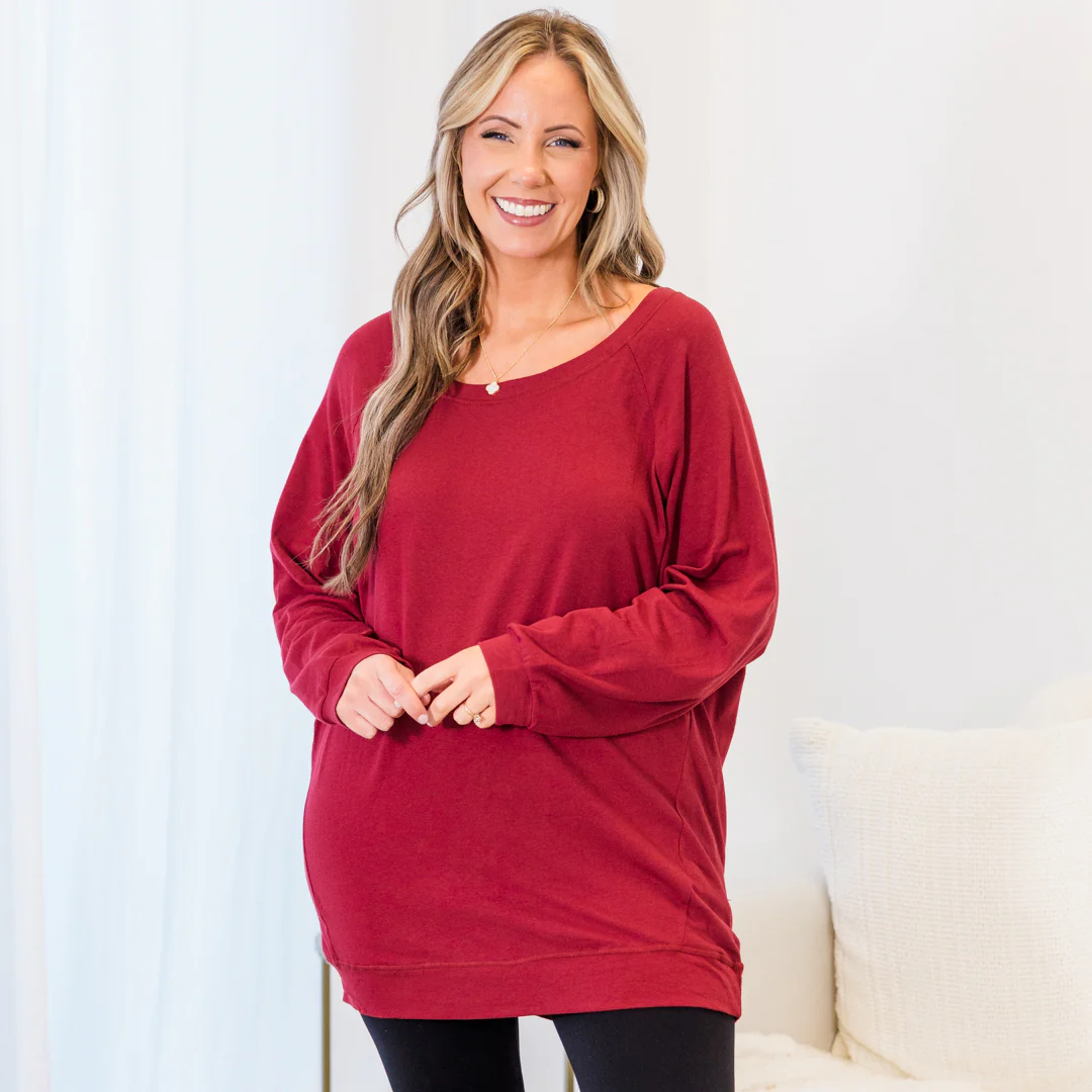 Slouchy Dolman Tunic Long Sleeve, Wine - Weilaico