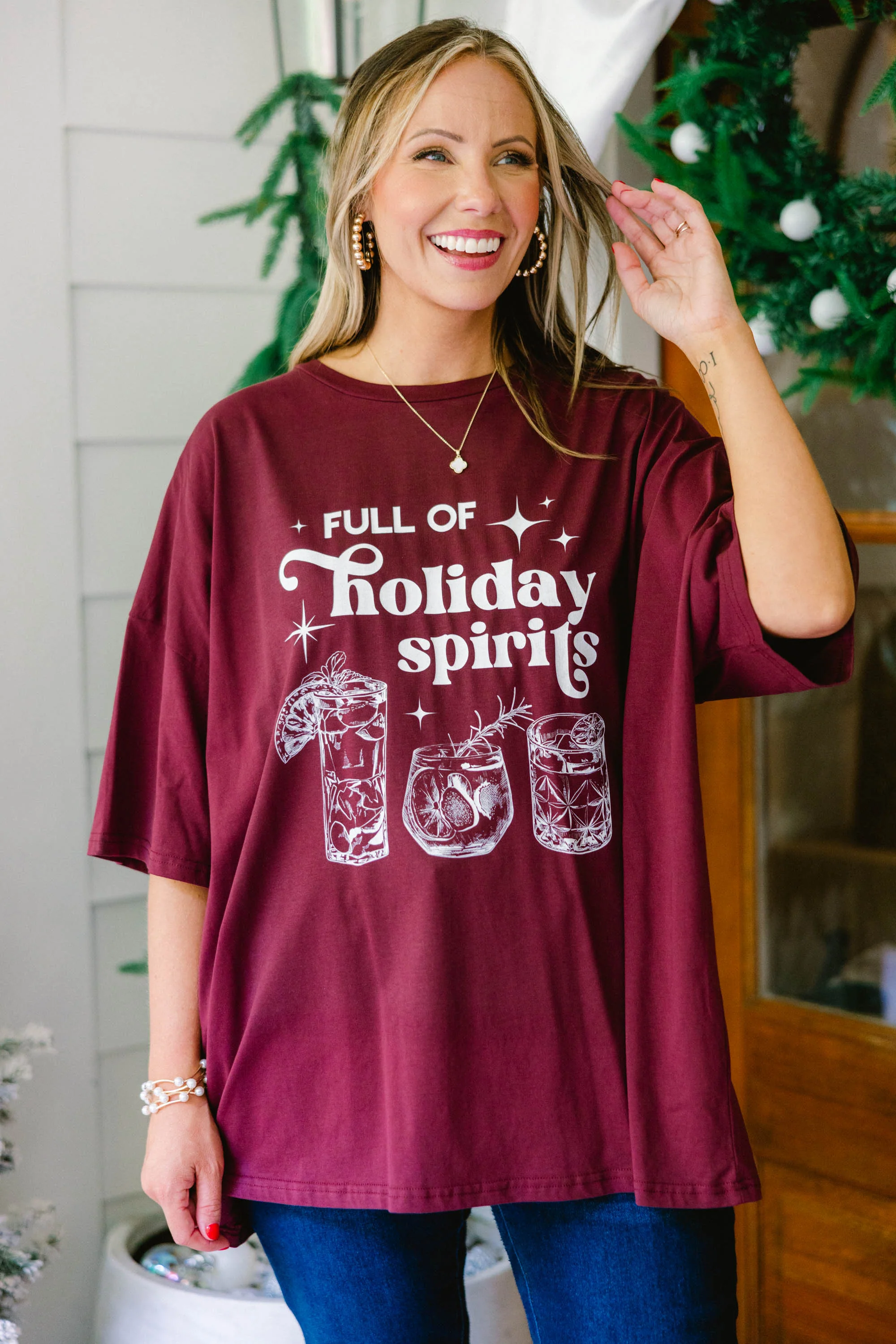 Full of Spirits Boyfriend Tee, Maroon - Weilaico