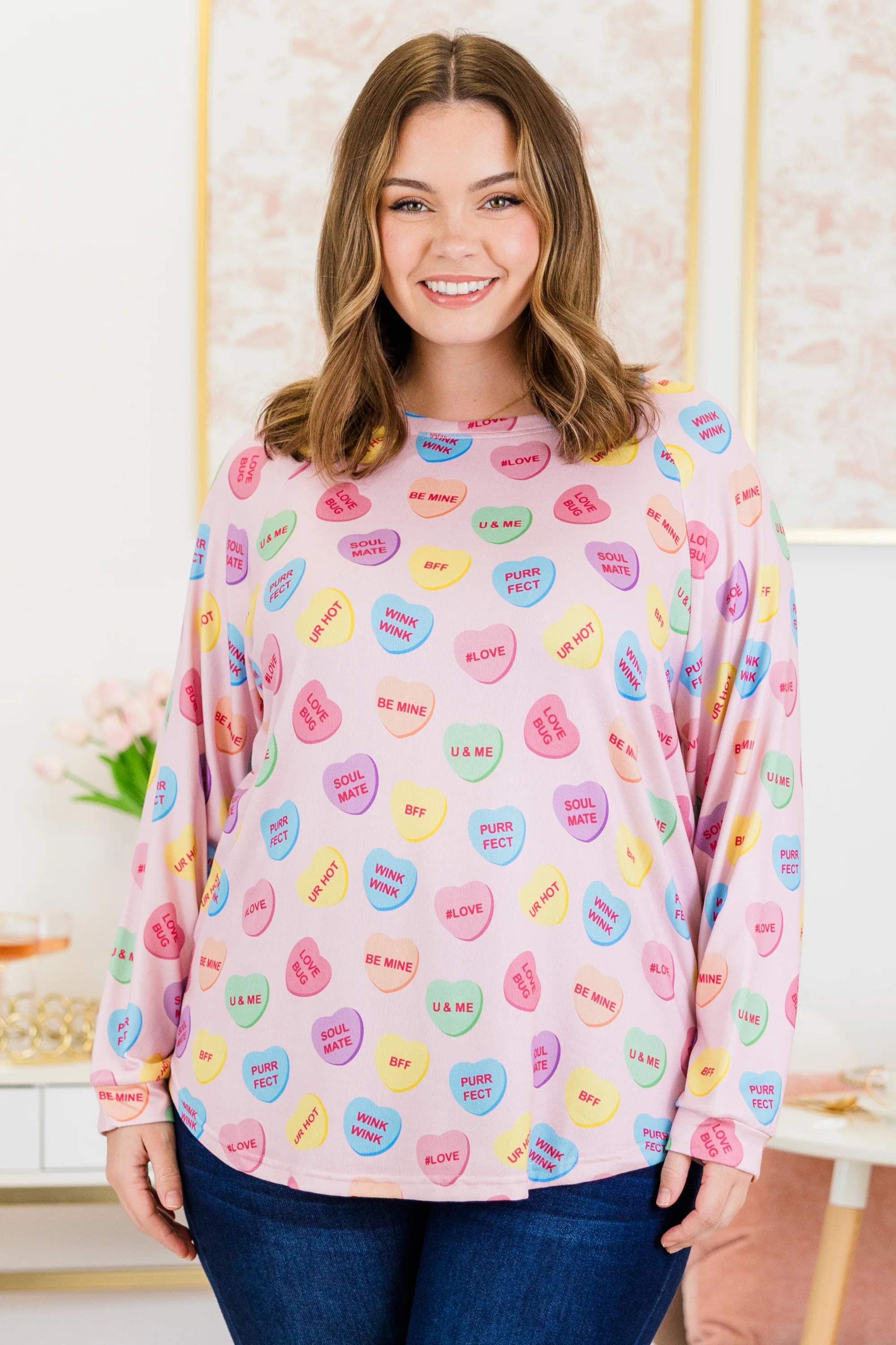 Curved Hem Slouchy Dolman Tunic, Conversation Heart - Weilaico