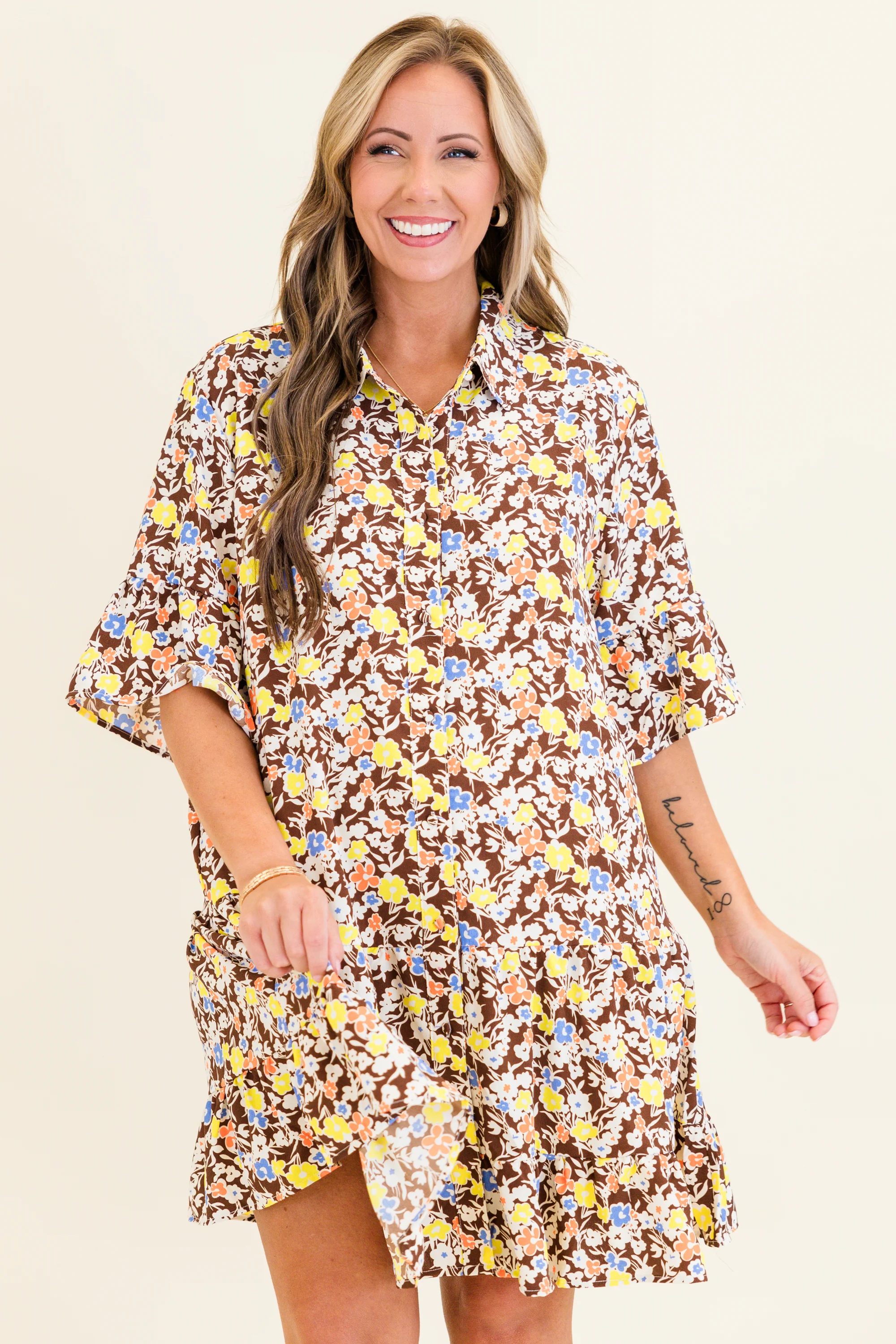 Somewhere Along The Way Dress, Brown Multi - Weilaico