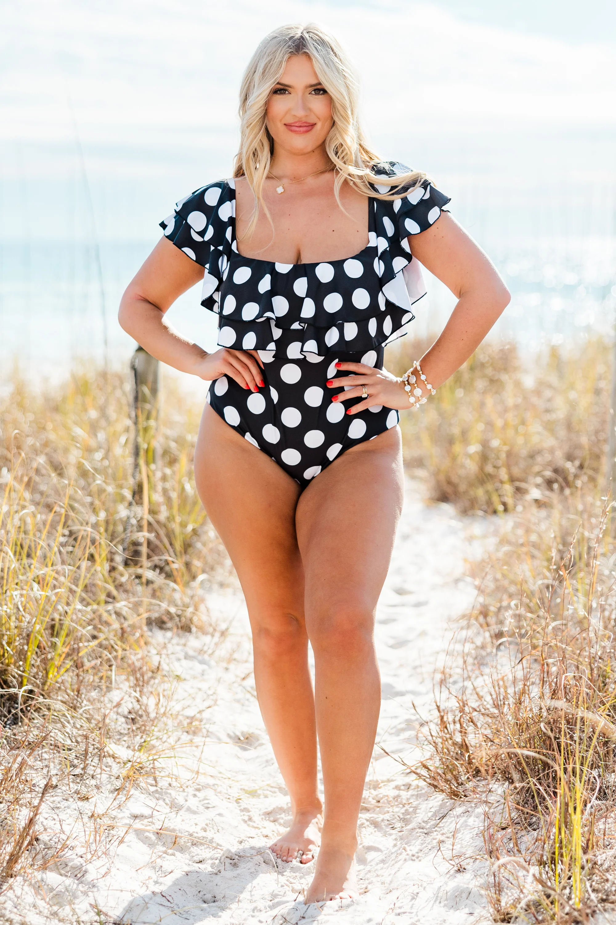 Meet Me In Ibiza Swimsuit, Black/White Polka Dot - Weilaico