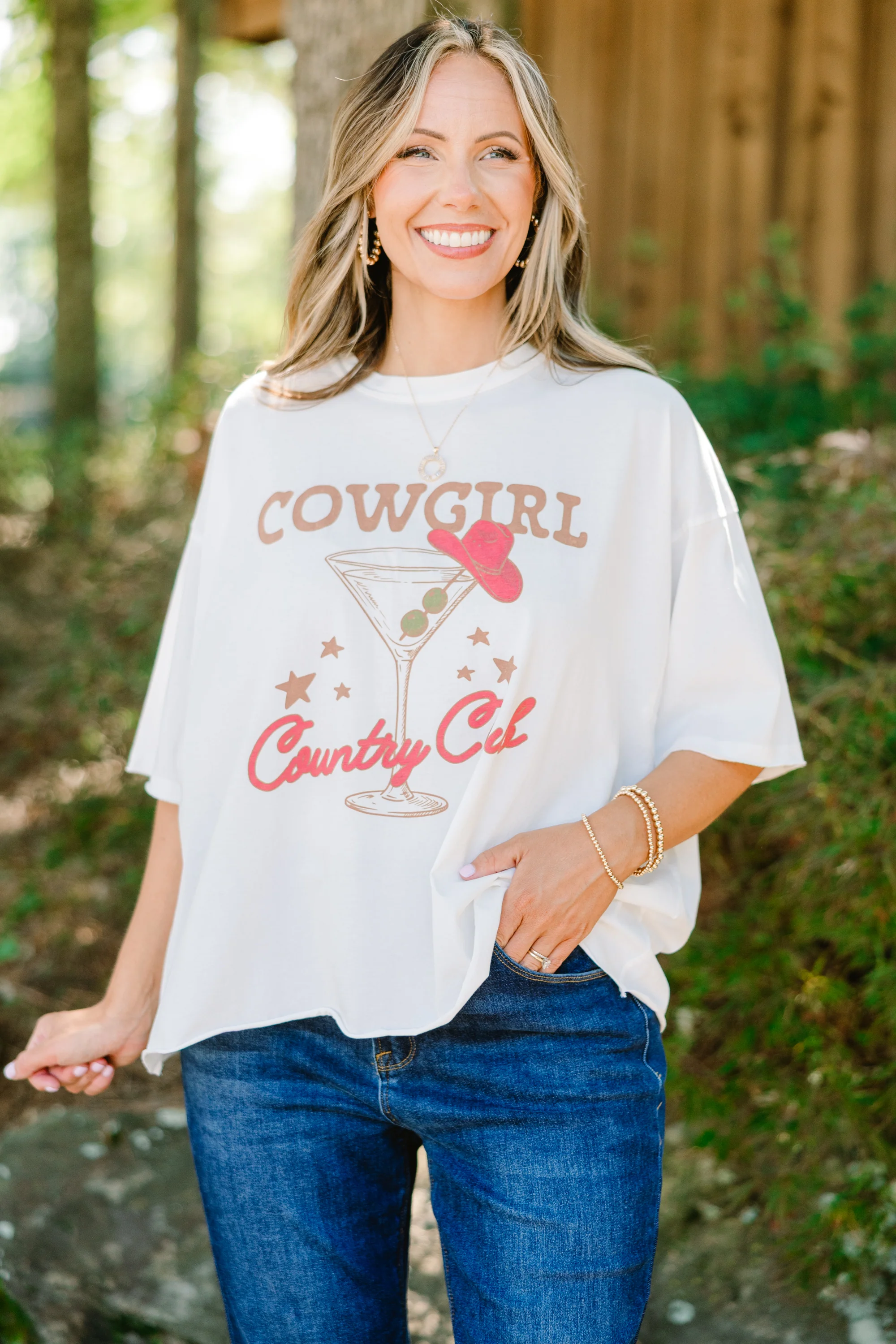Cowgirl Country Club Vintage Wash Tee, White - Weilaico