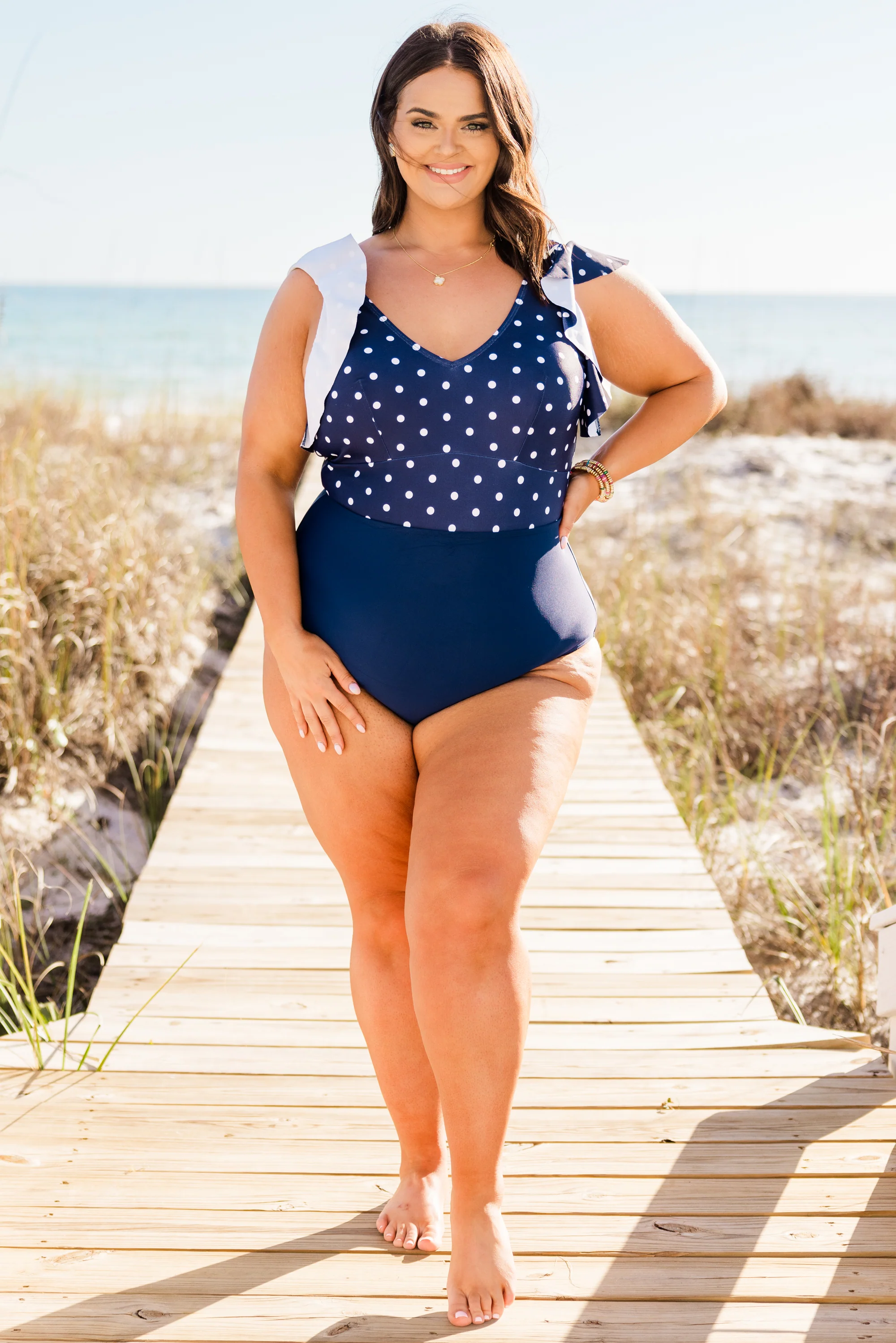 Spending My PTO Swimsuit, Navy Polka Dot - Weilaico