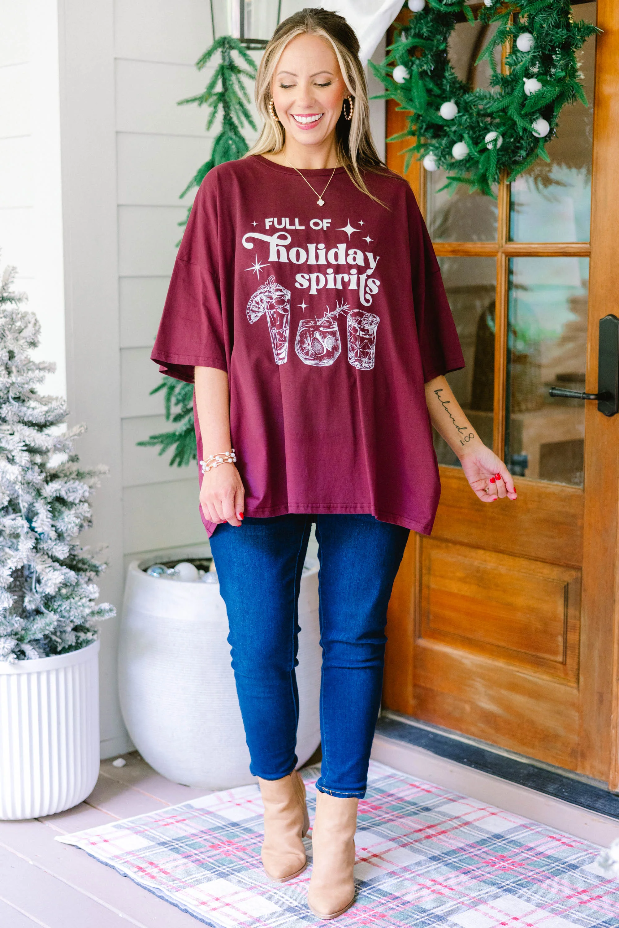 Full of Spirits Boyfriend Tee, Maroon - Weilaico