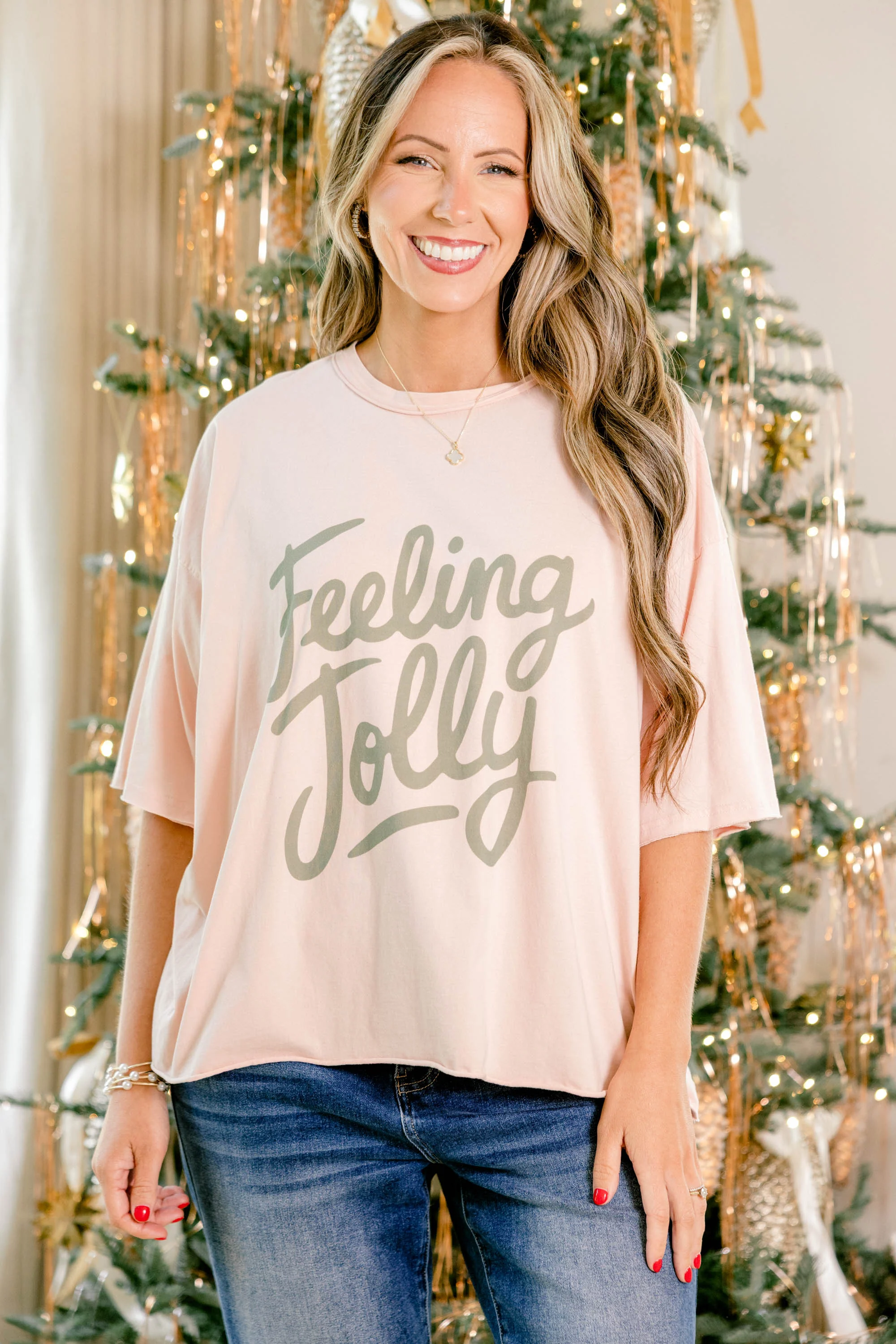 Feeling Jolly Vintage Wash Tee, Blush Pink - Weilaico