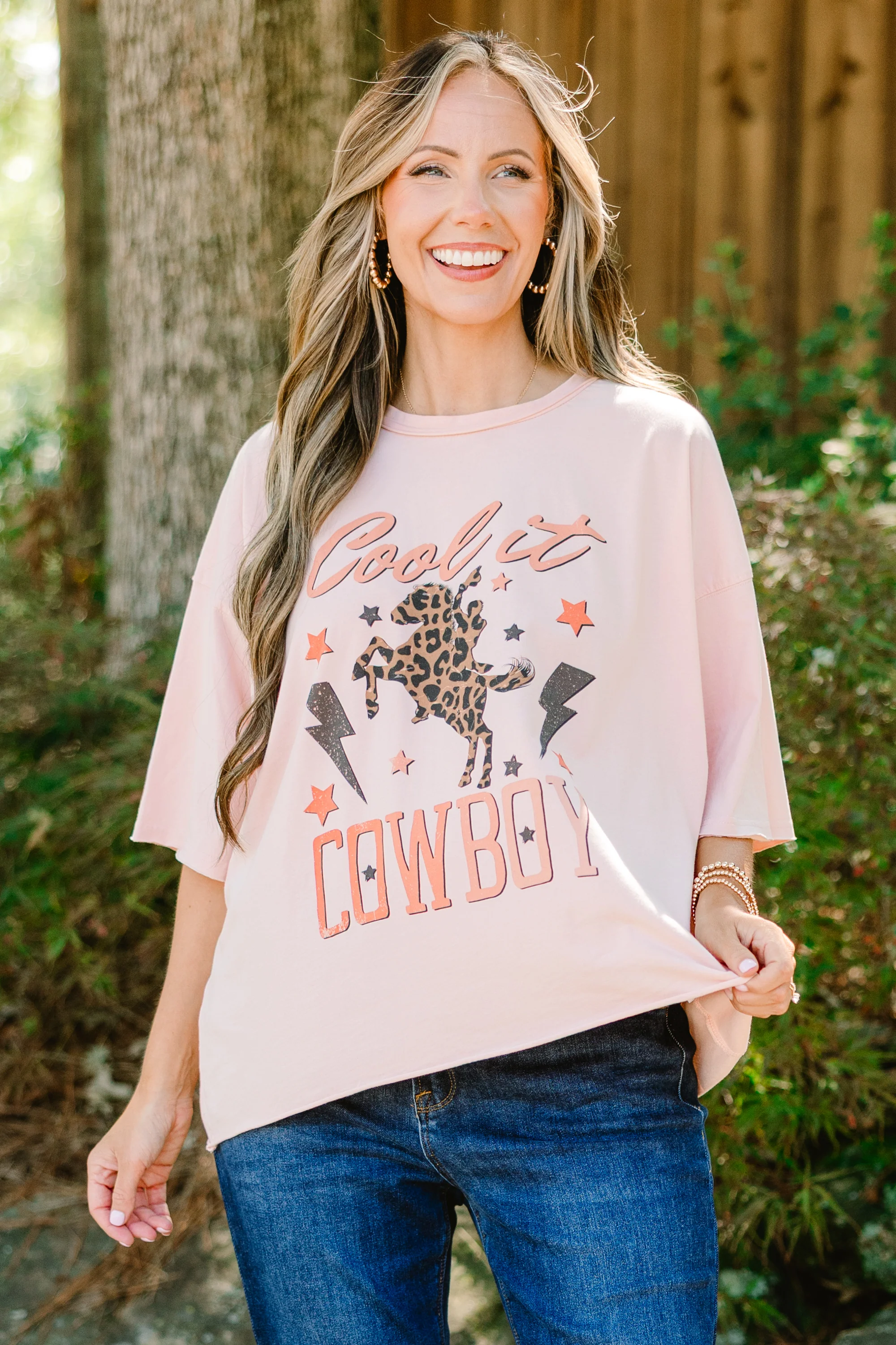 Cool it Cowboy Vintage Wash Tee, Blush Pink - Weilaico