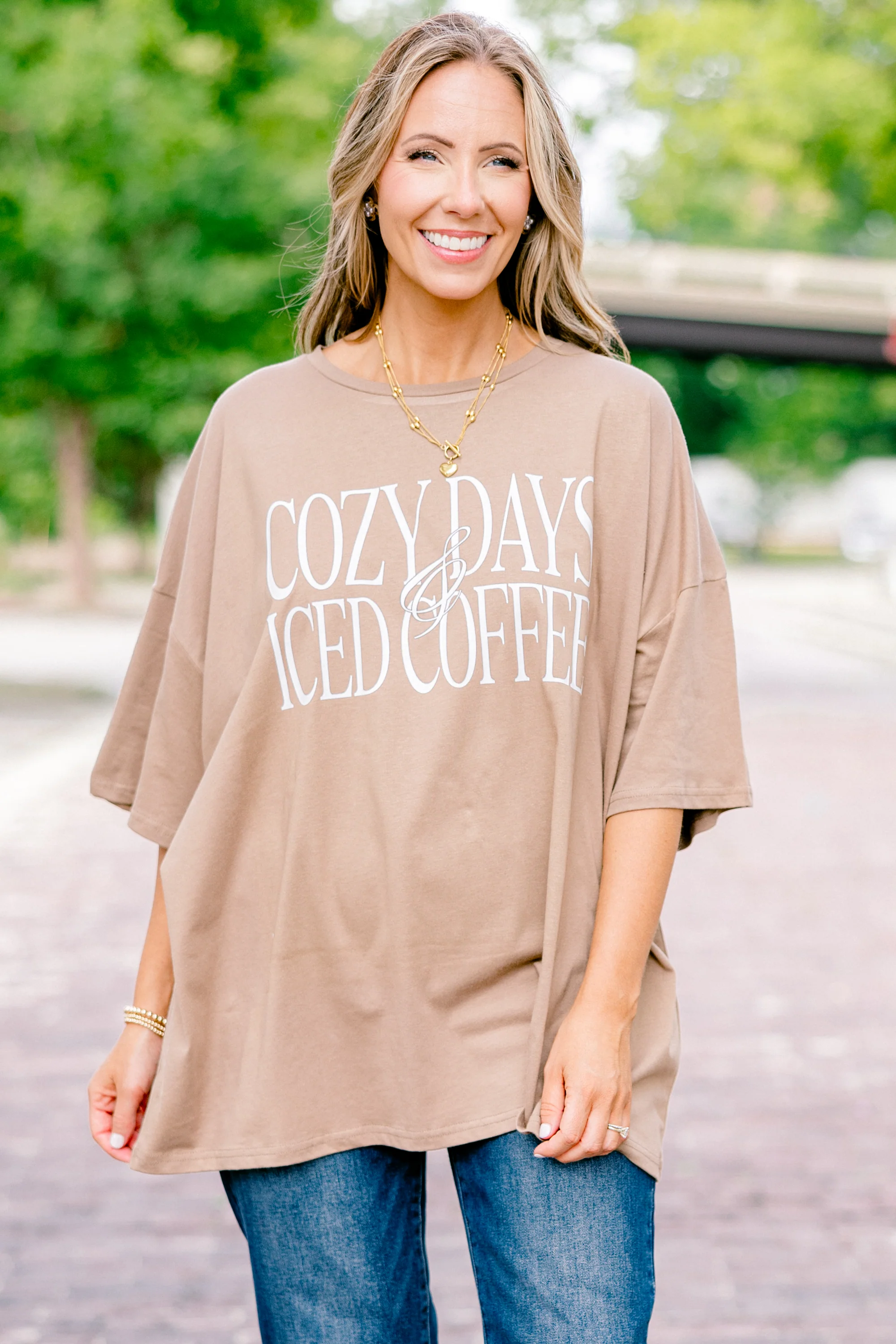 Cozy Days and Iced Coffee Boyfriend Tee, Espresso - Weilaico