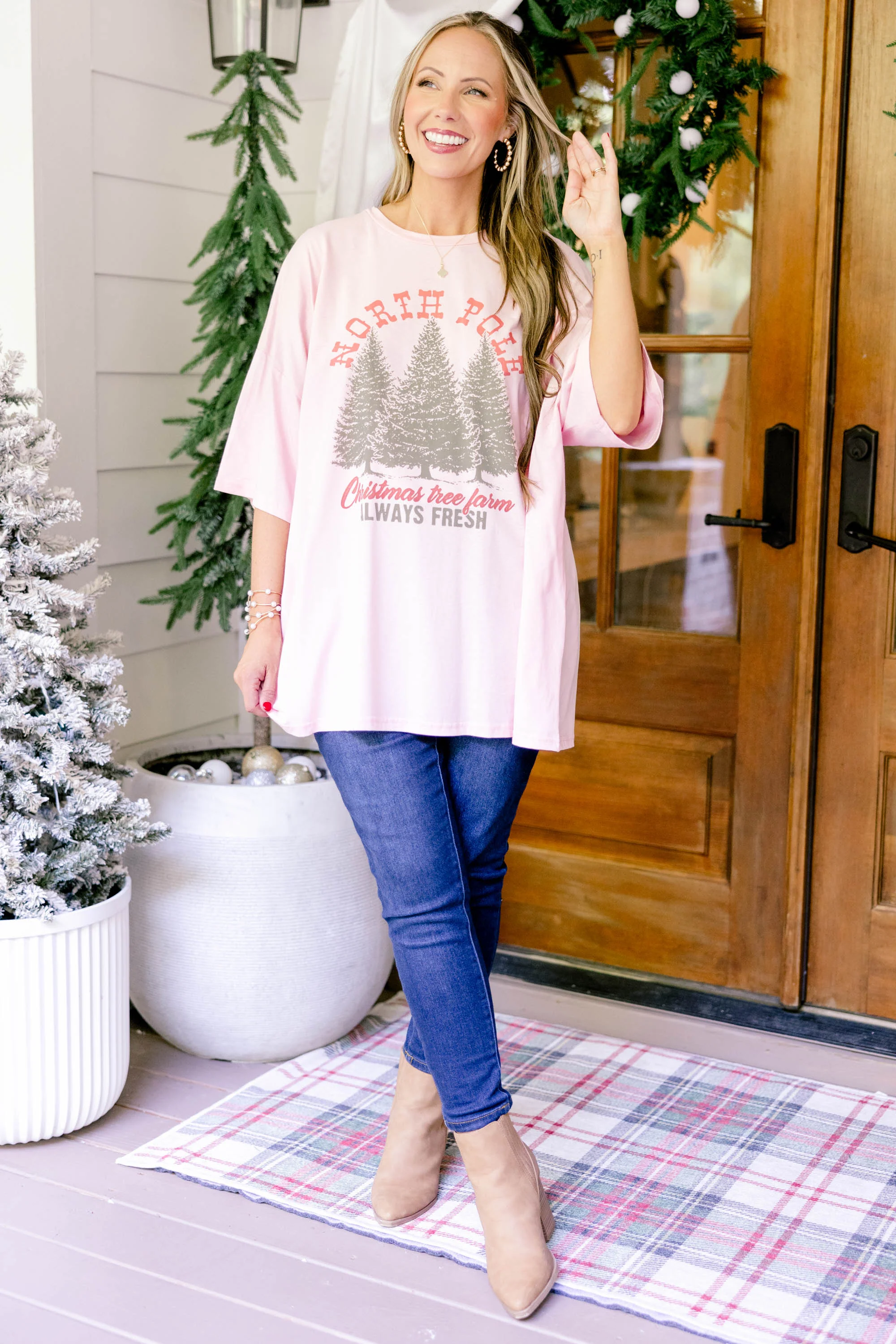 North Pole Tree Farm Boyfriend Tee, Dusty Pink - Weilaico