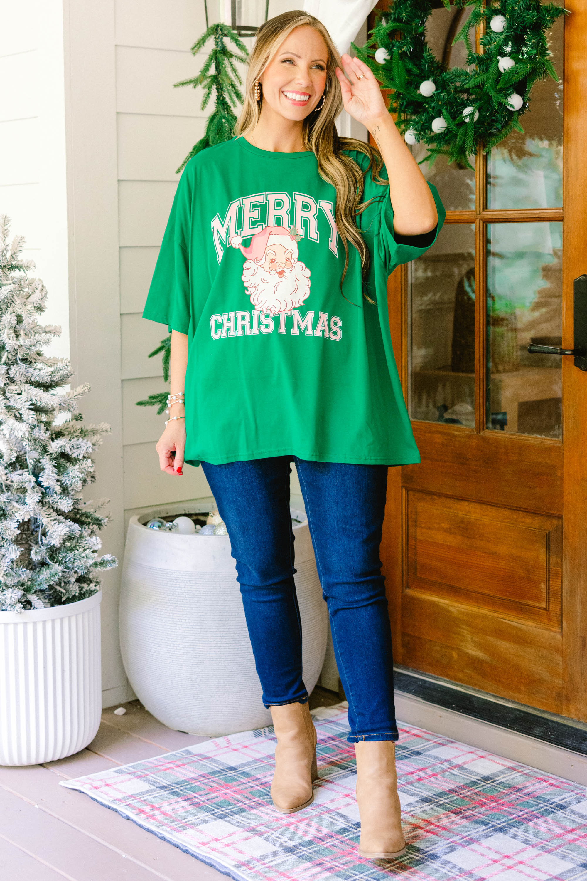 Merry Christmas Everyone Boyfriend Tee, Evergreen - Weilaico
