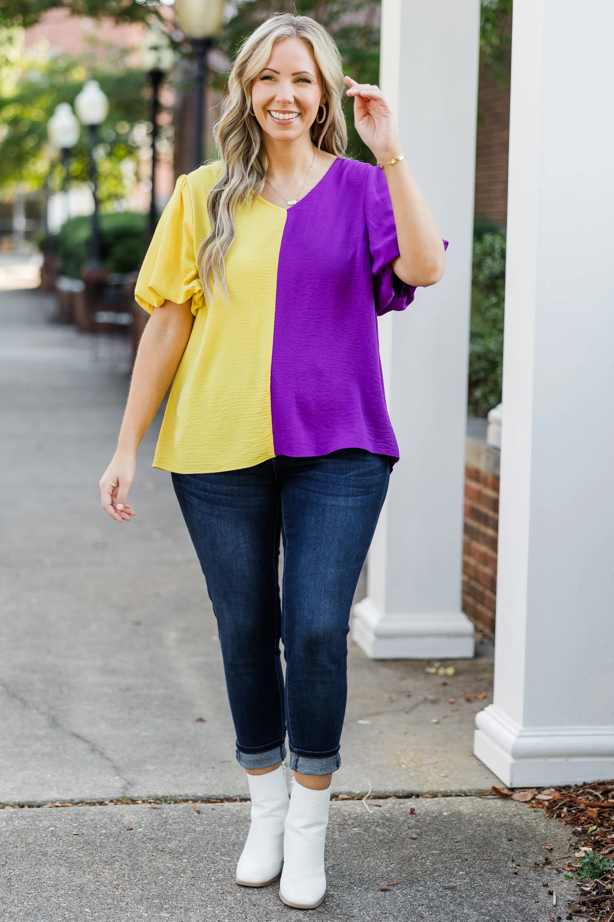 Sideline Sweetheart Top, Gold-Purple - Weilaico