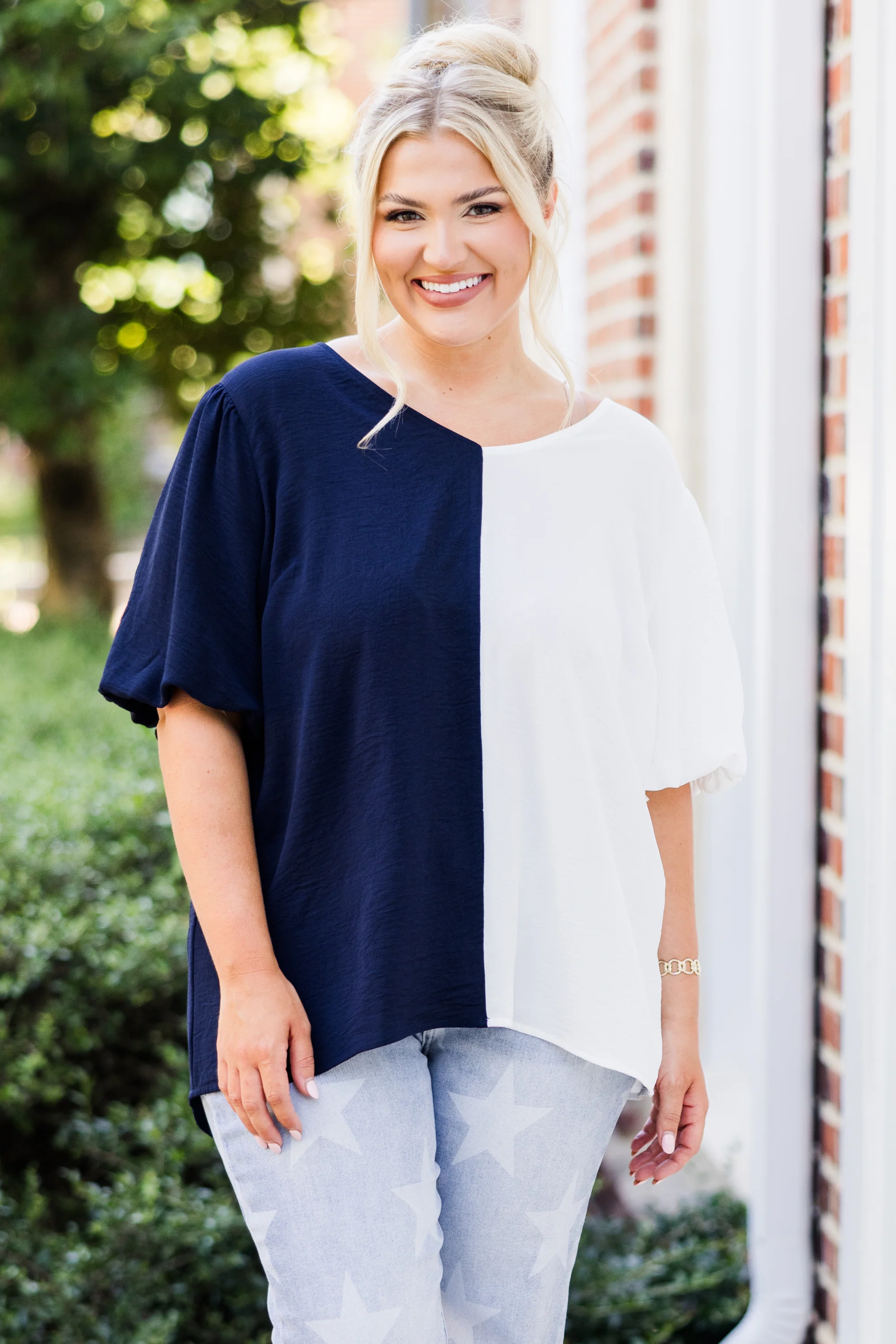 Sideline Sweetheart Top, Navy-White - Weilaico