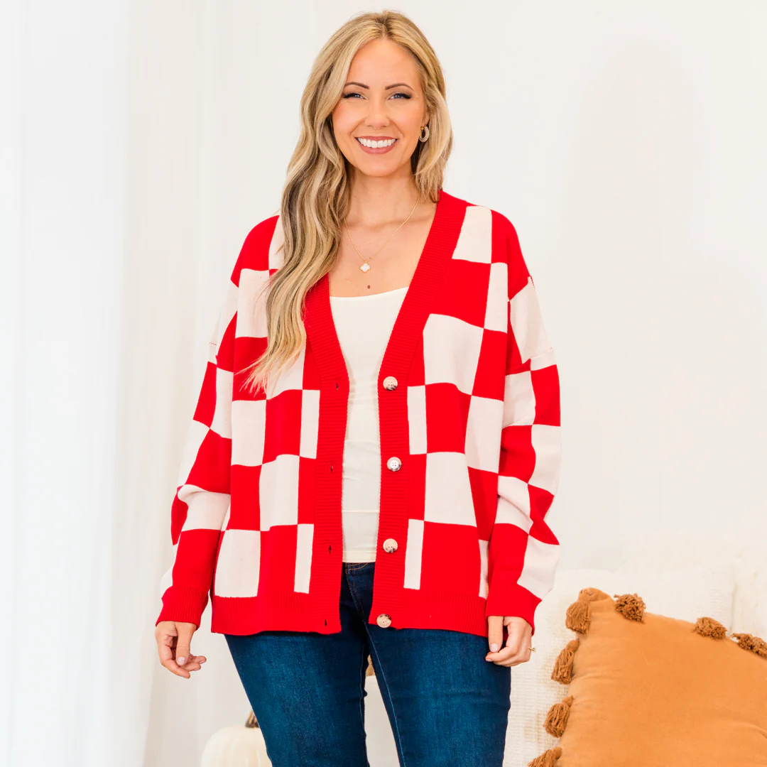 Checkmate Babe Cardigan, Red - Weilaico