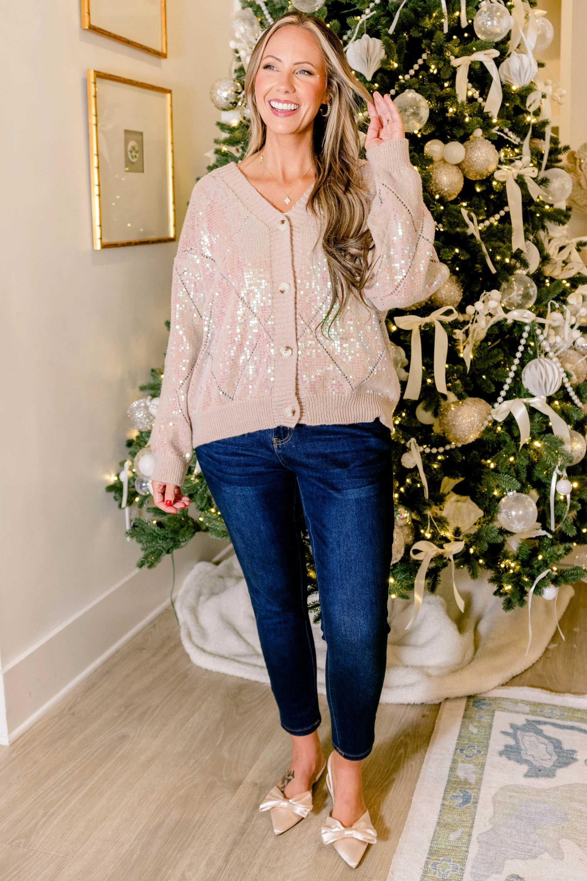 A Look That Lasts Cardigan, Pink Sequin - Weilaico
