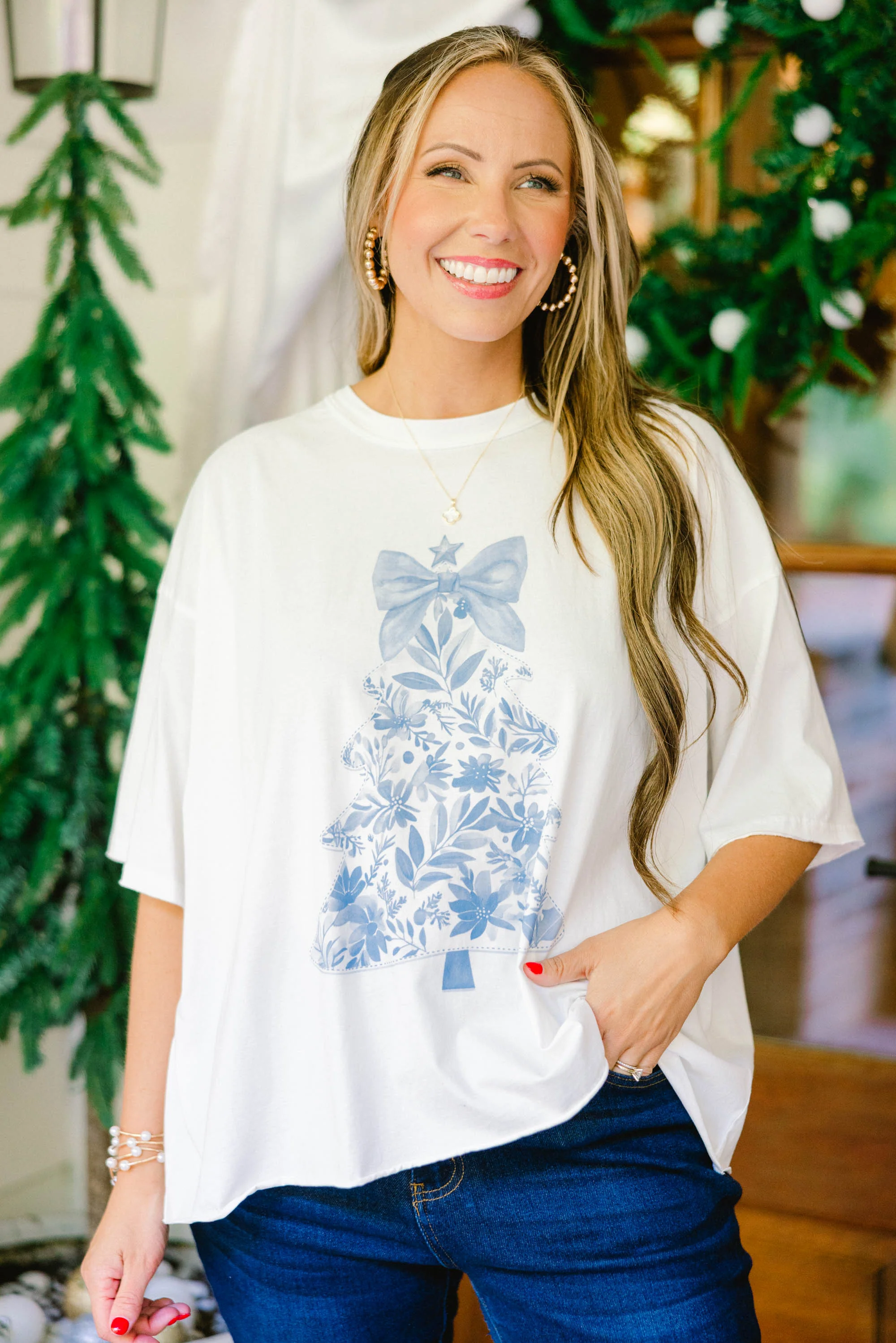 Coastal Christmas Vintage Wash Tee, White - Weilaico