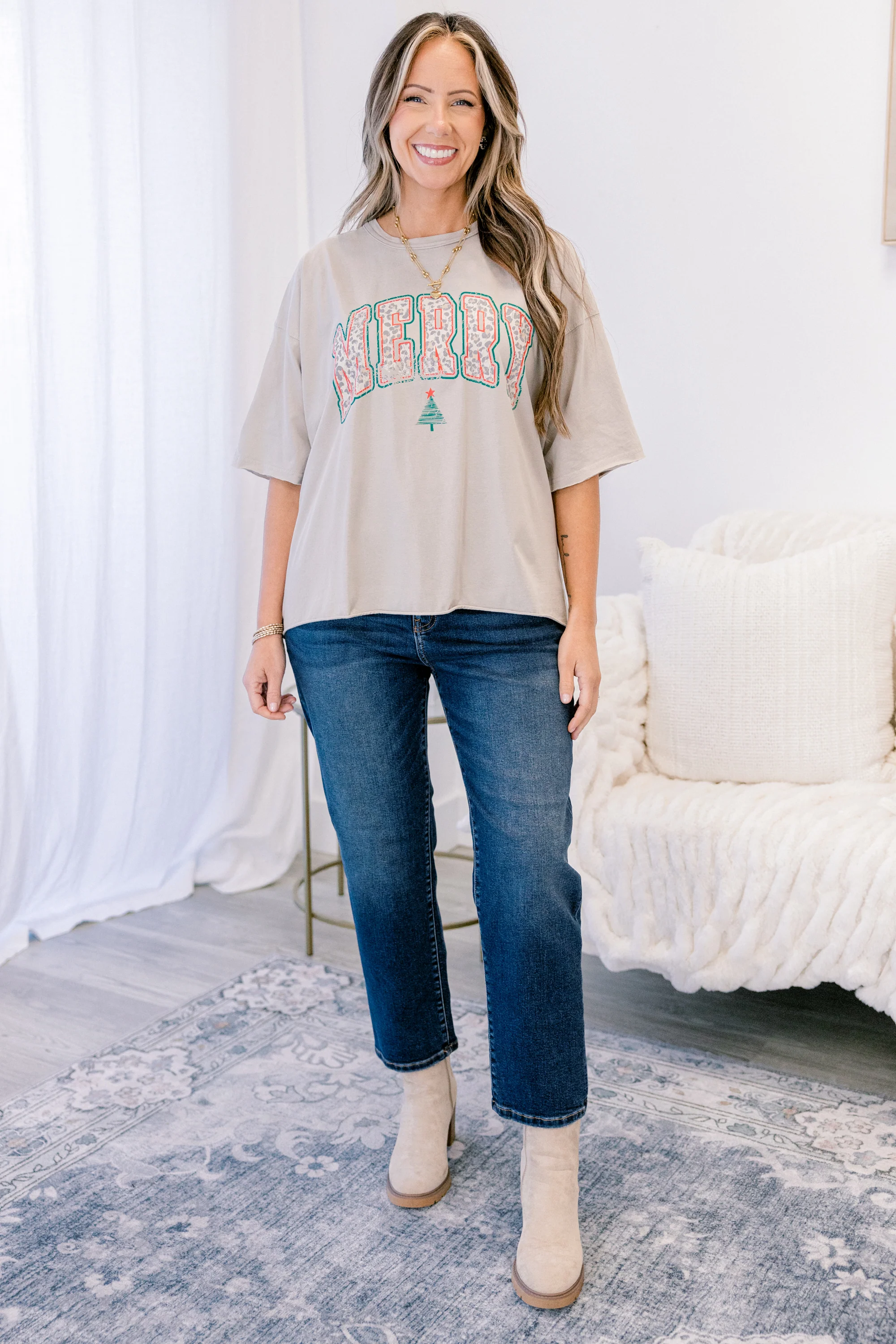 Full of Merry Vintage Wash Tee, Stone - Weilaico