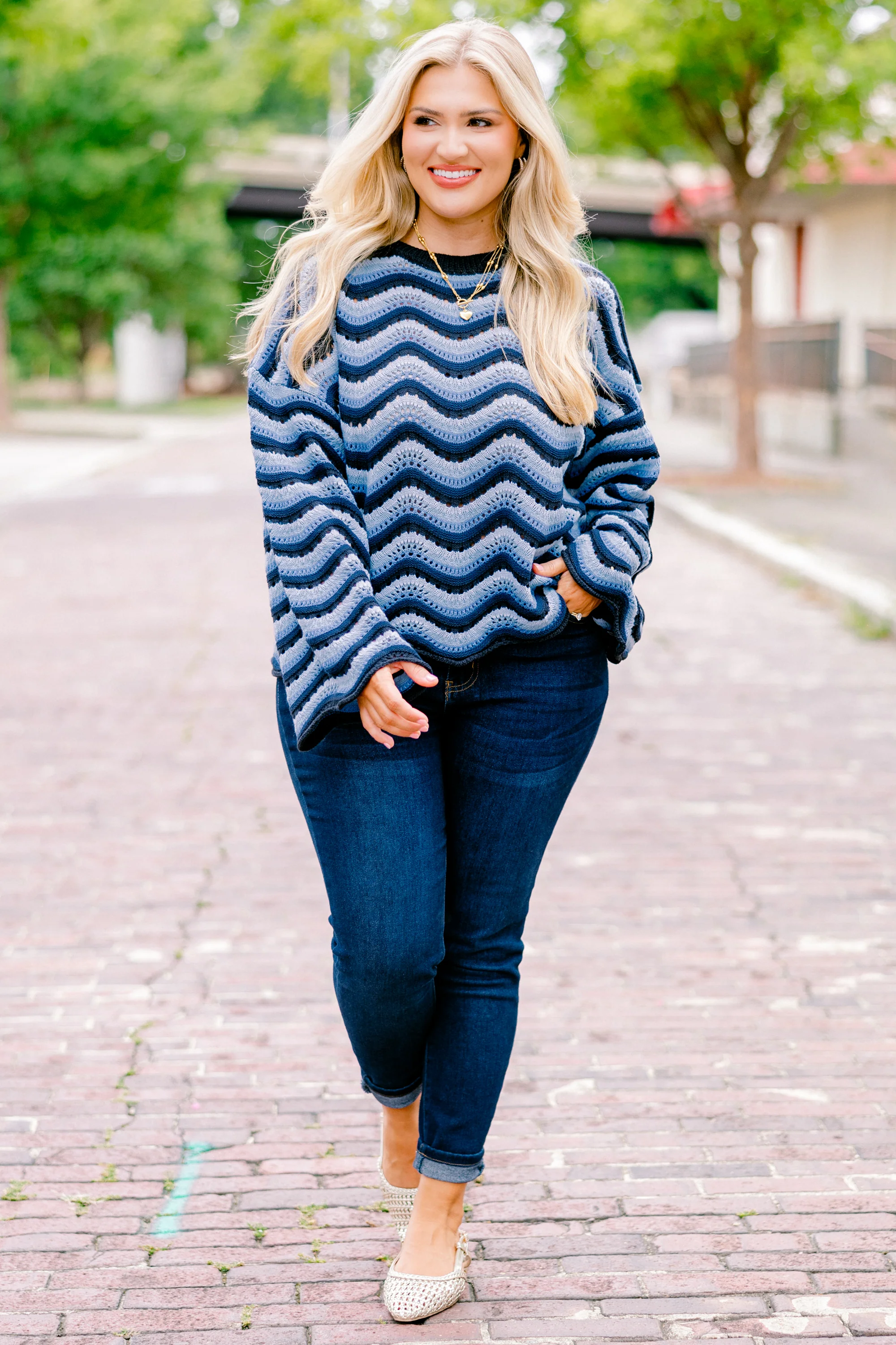Wavy Comfort Sweater, Navy Blue - Weilaico