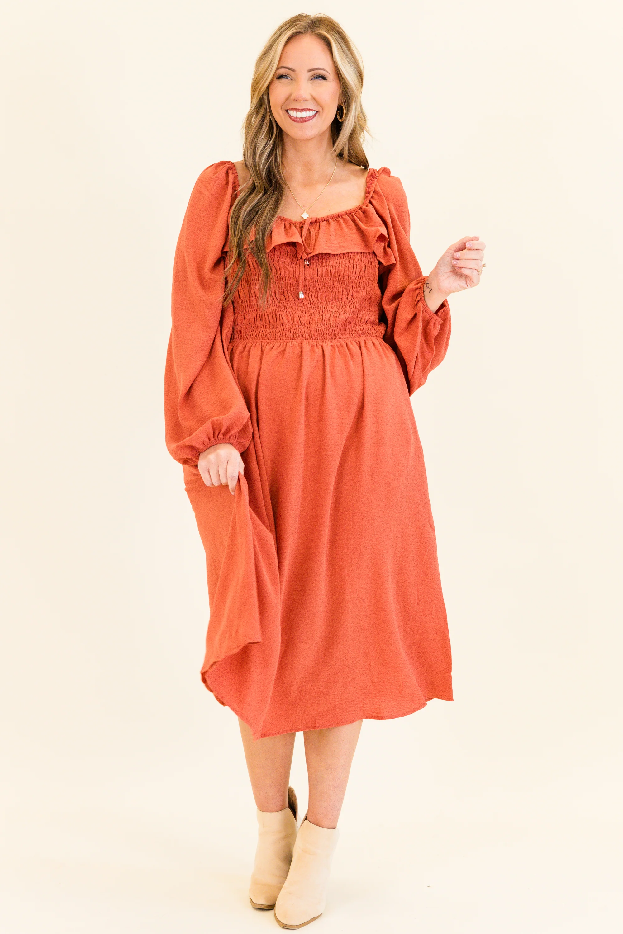 Field Of Dreams Midi Dress, Terracotta - Weilaico