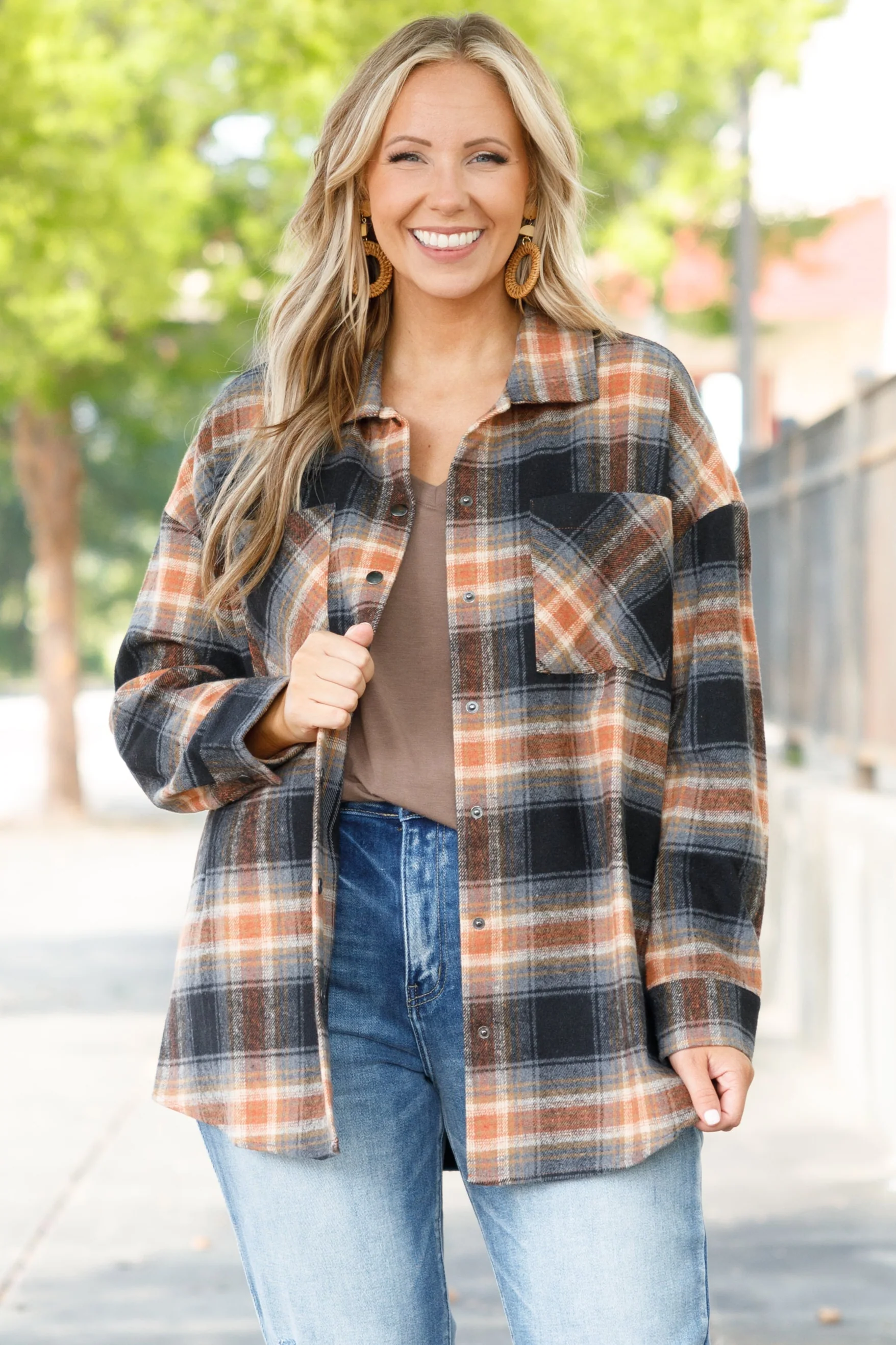Not Your Boyfriend's Flannel Shacket, Orange - Weilaico