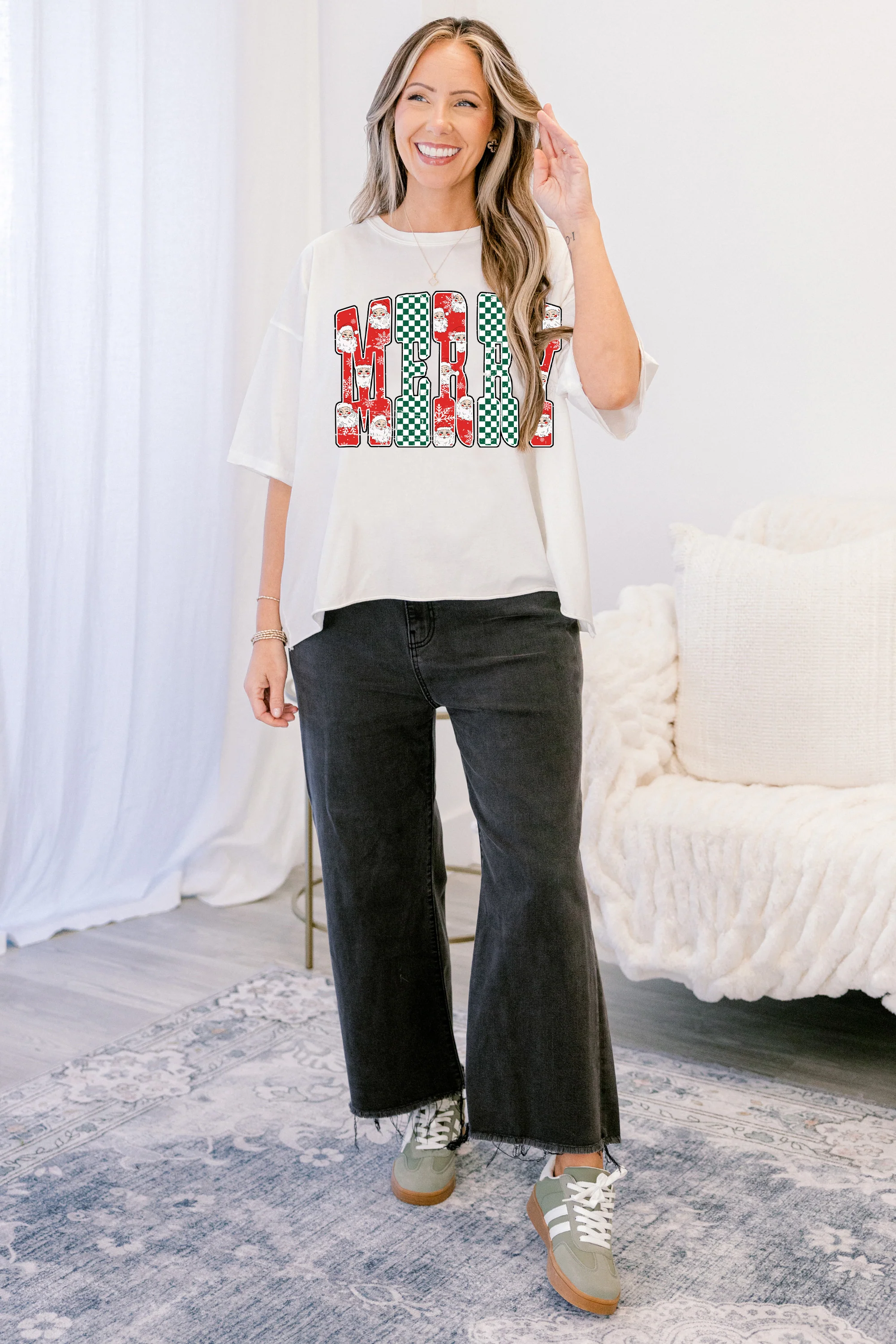 Merry Santa Vintage Wash Tee, White - Weilaico