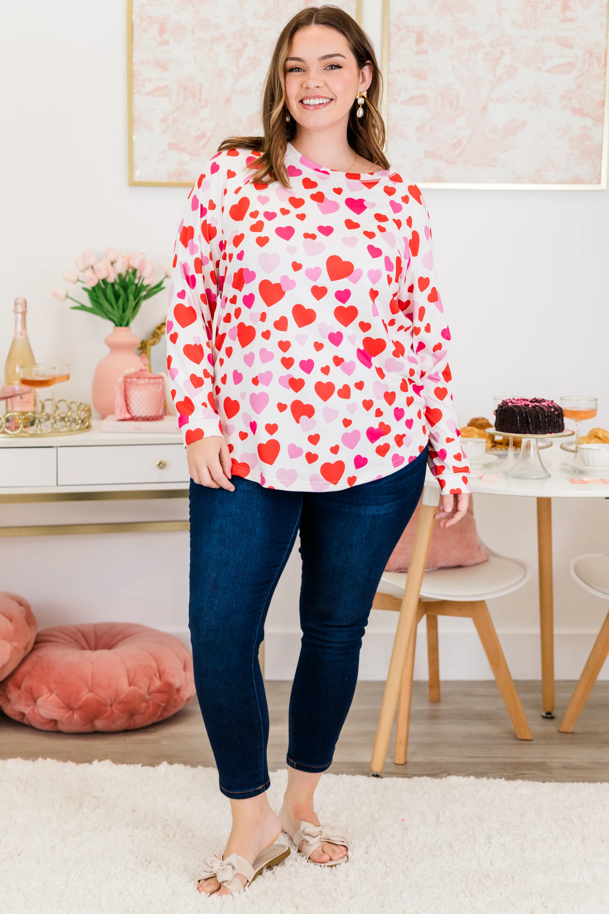 Curved Hem Slouchy Dolman Tunic, Valentine Wishes - Weilaico