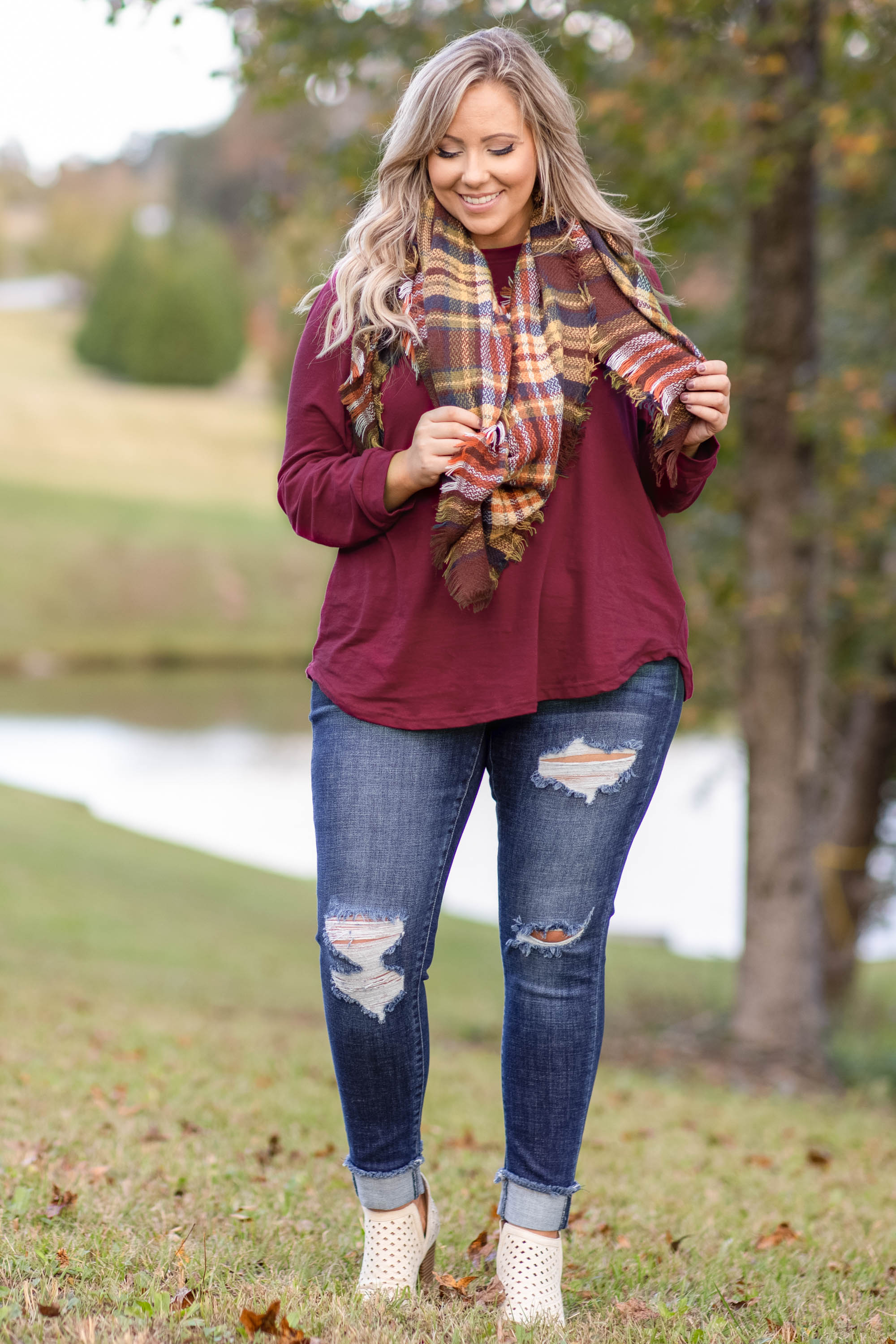 Curved Hem Slouchy Tunic, Wine - Weilaico
