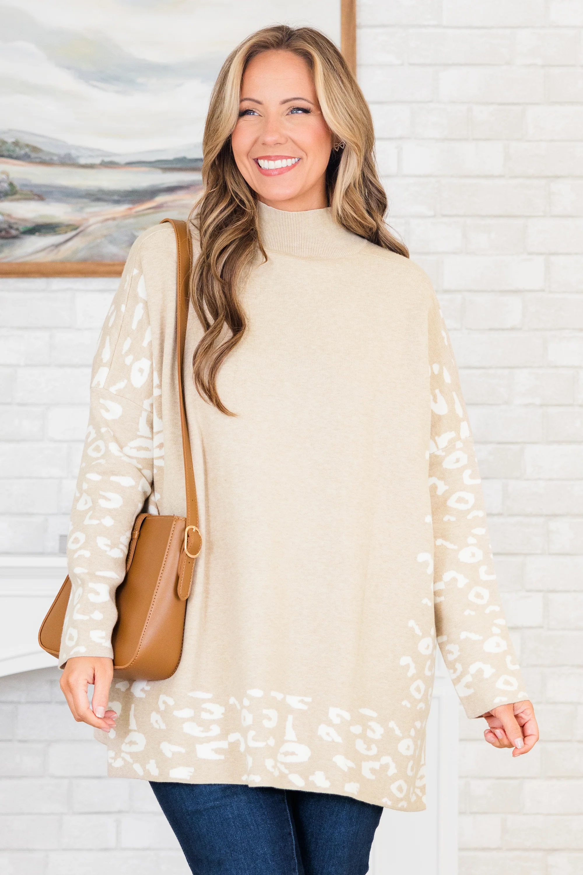 Time To Walk Away Sweater Tunic, Taupe-White - Weilaico