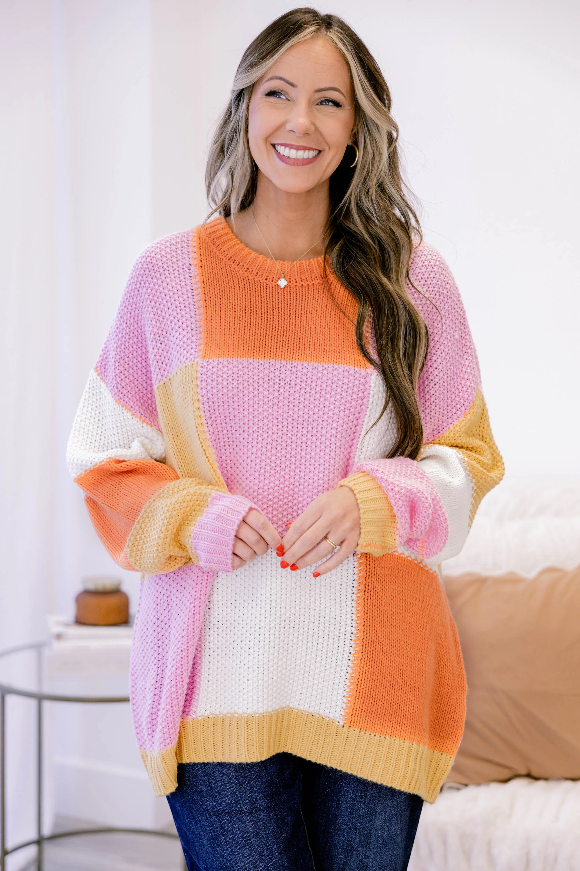 Block and Back Sweater, Orange-Pink - Weilaico