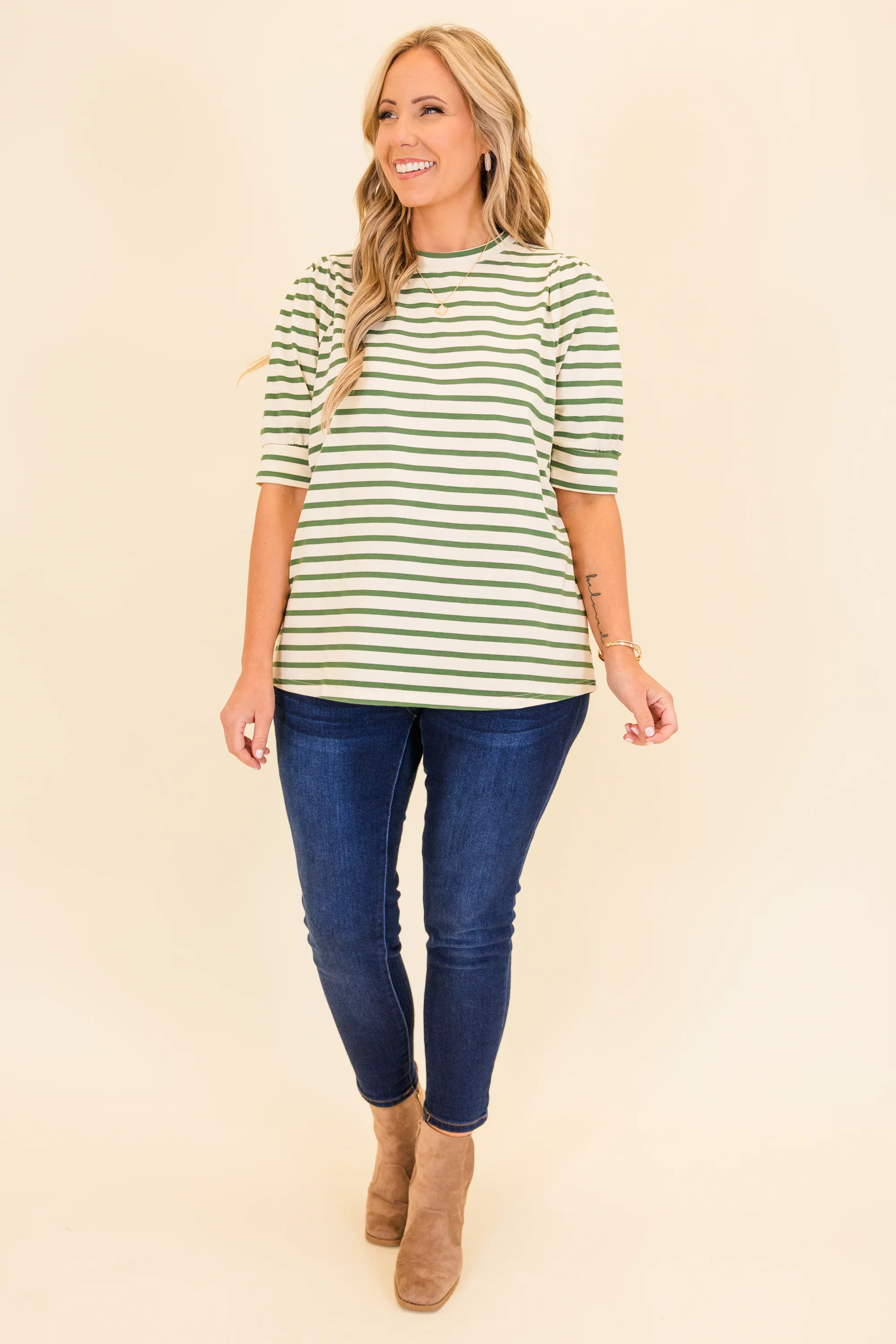Signature Stripes Top, Green-White - Weilaico