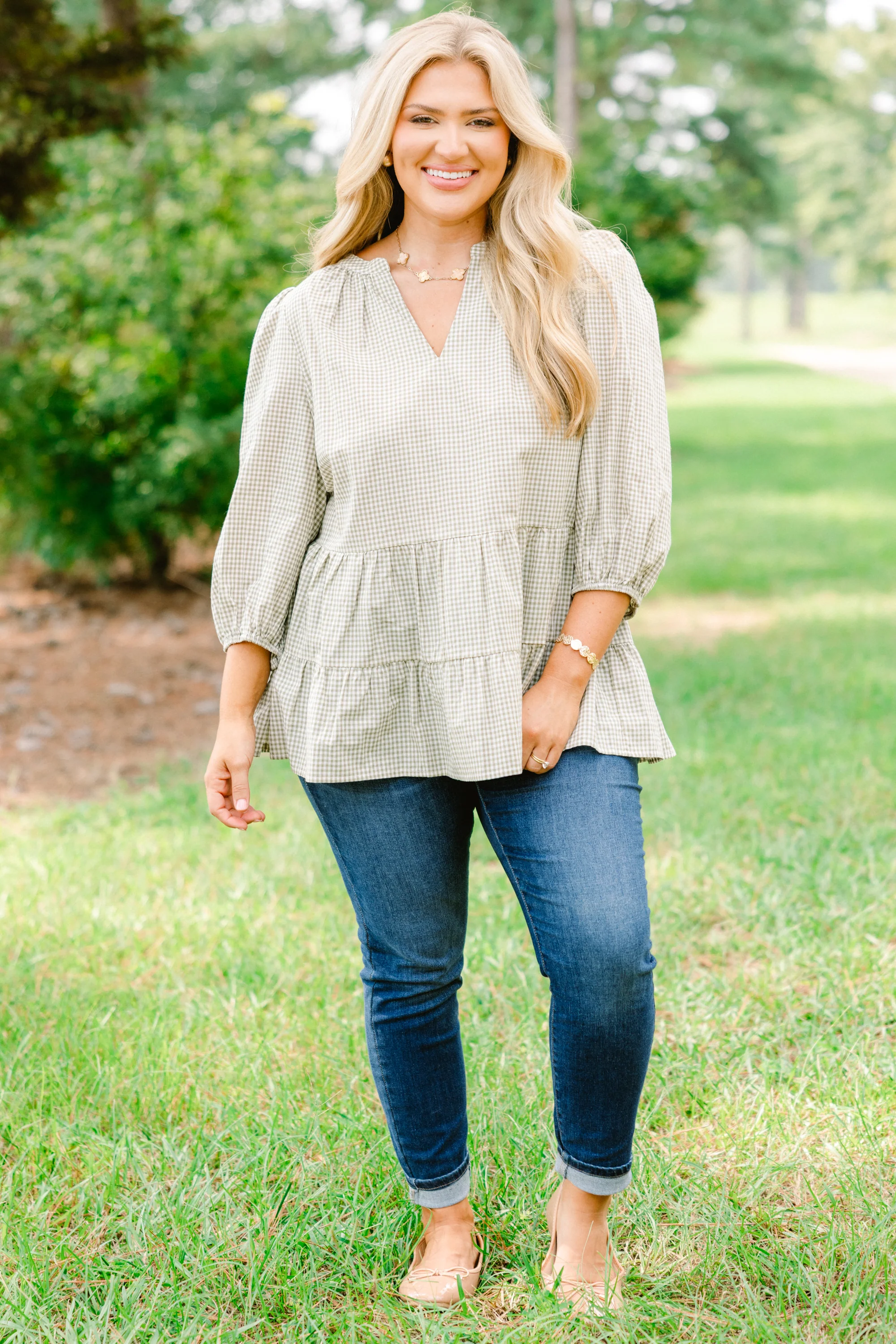 Pretty And Polished Top, Green Gingham - Weilaico