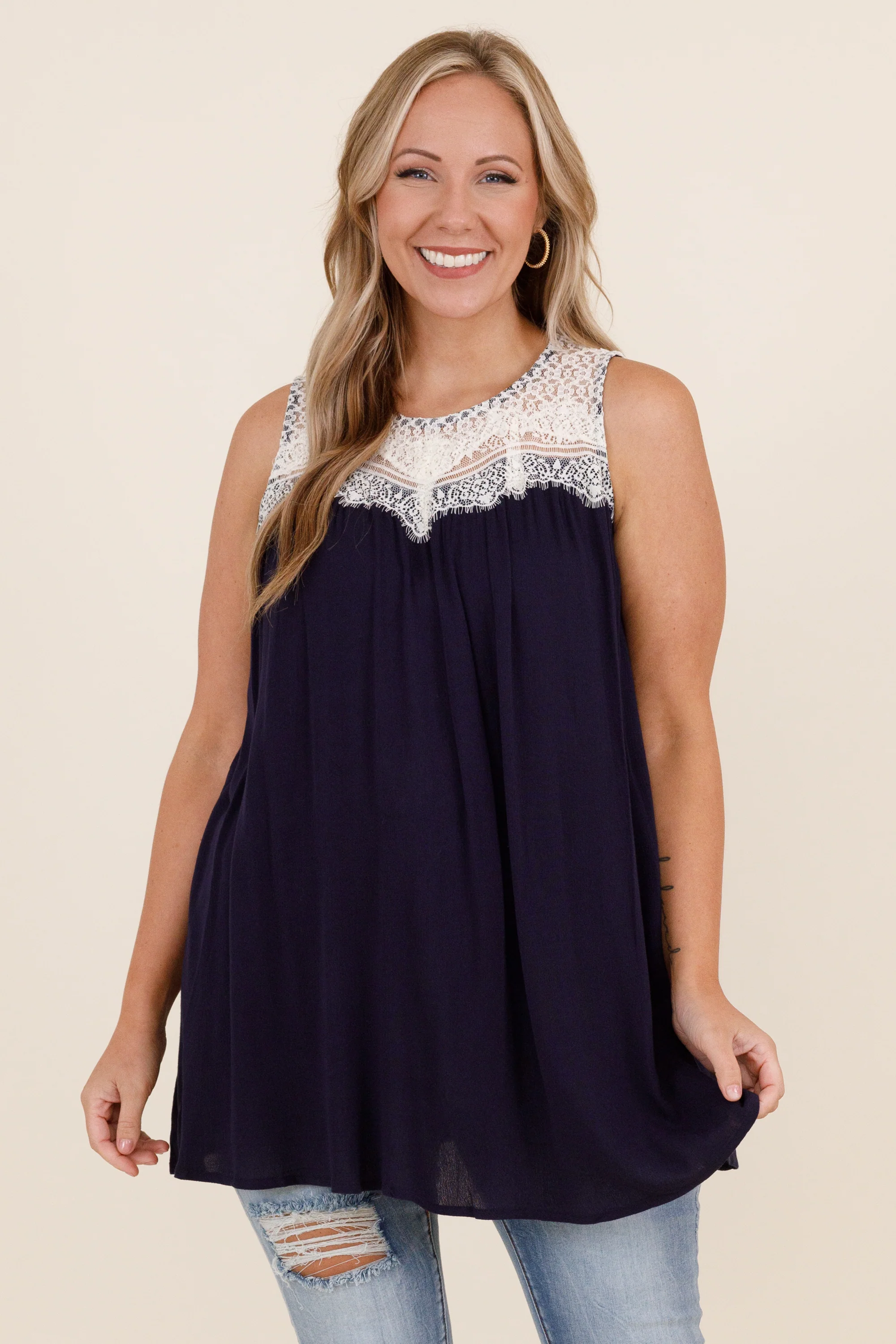 Lace With Love Top, Navy - Weilaico
