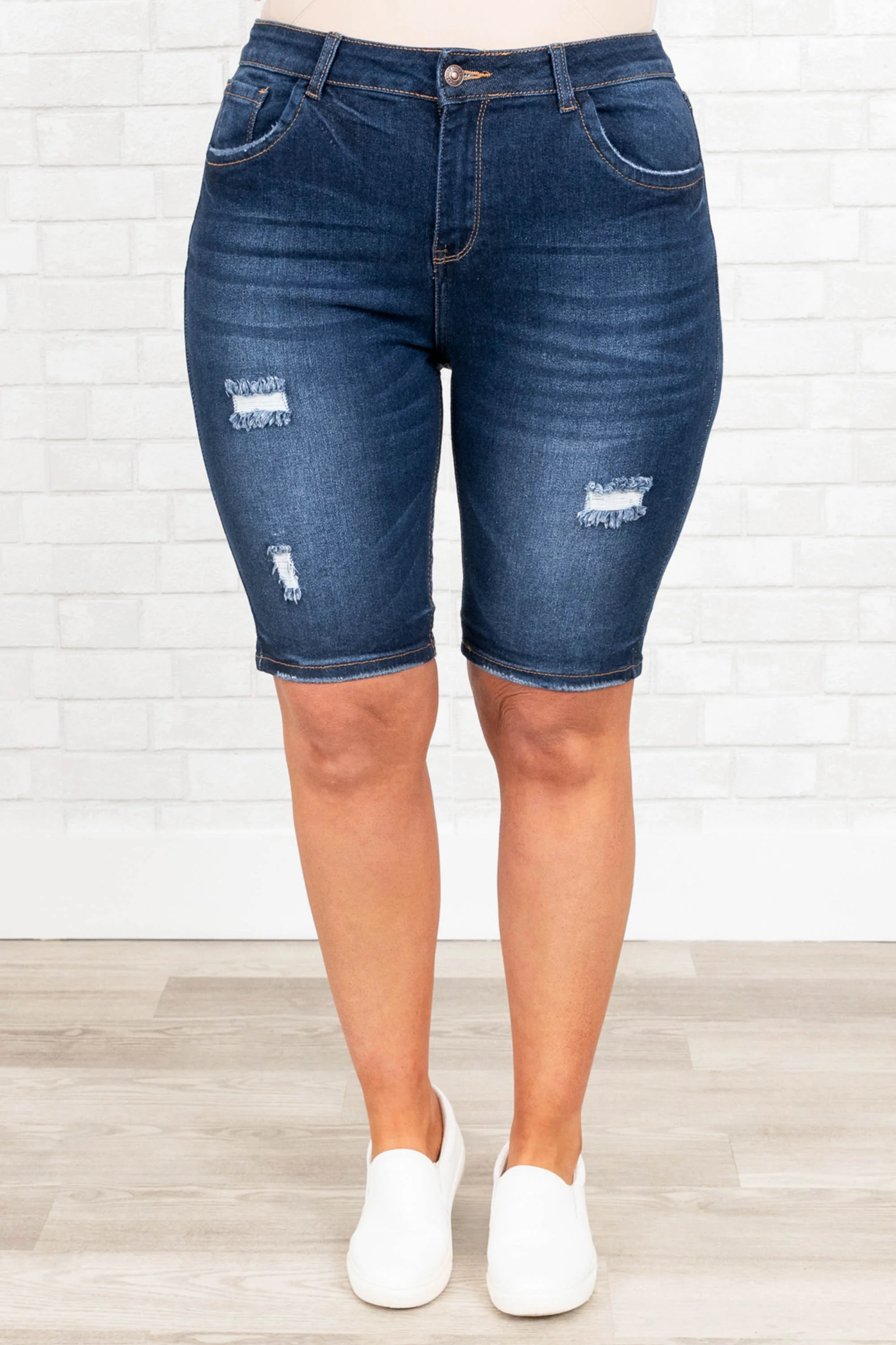 Shut Up And Drive Jean Shorts, Dark Wash - Weilaico