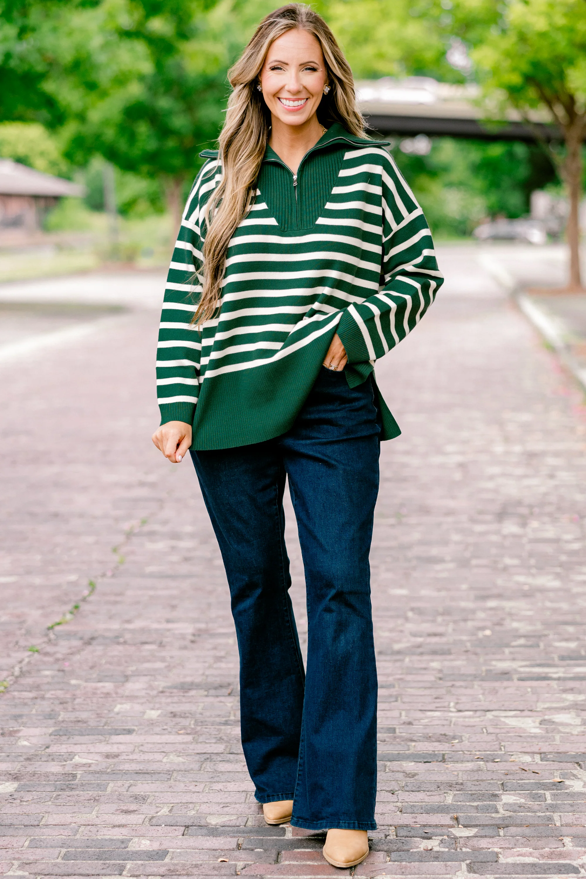 Sweet Stripes Sweater, Dark Green - Weilaico