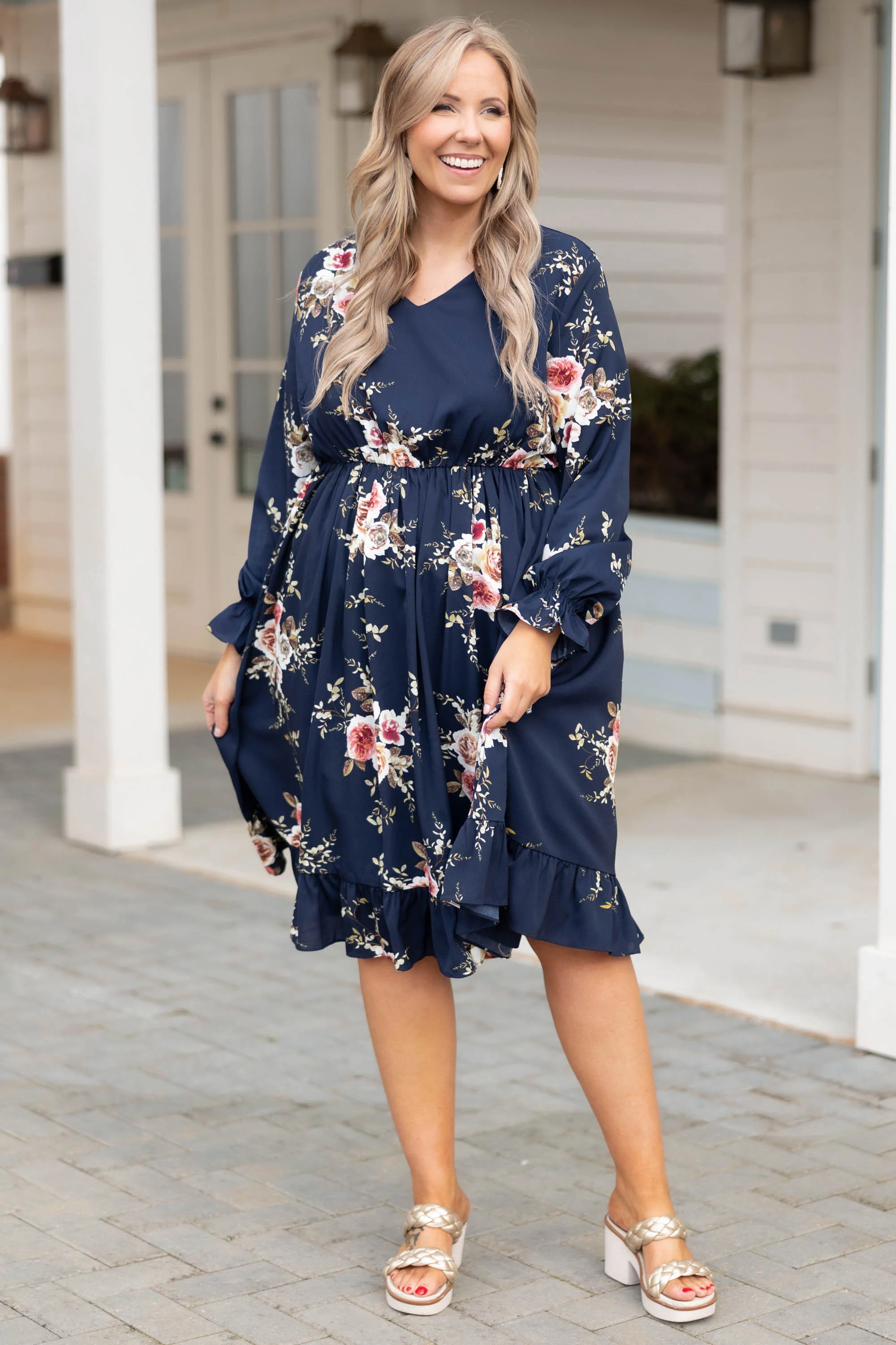 Beautifully Blooming Dress, Navy - Weilaico
