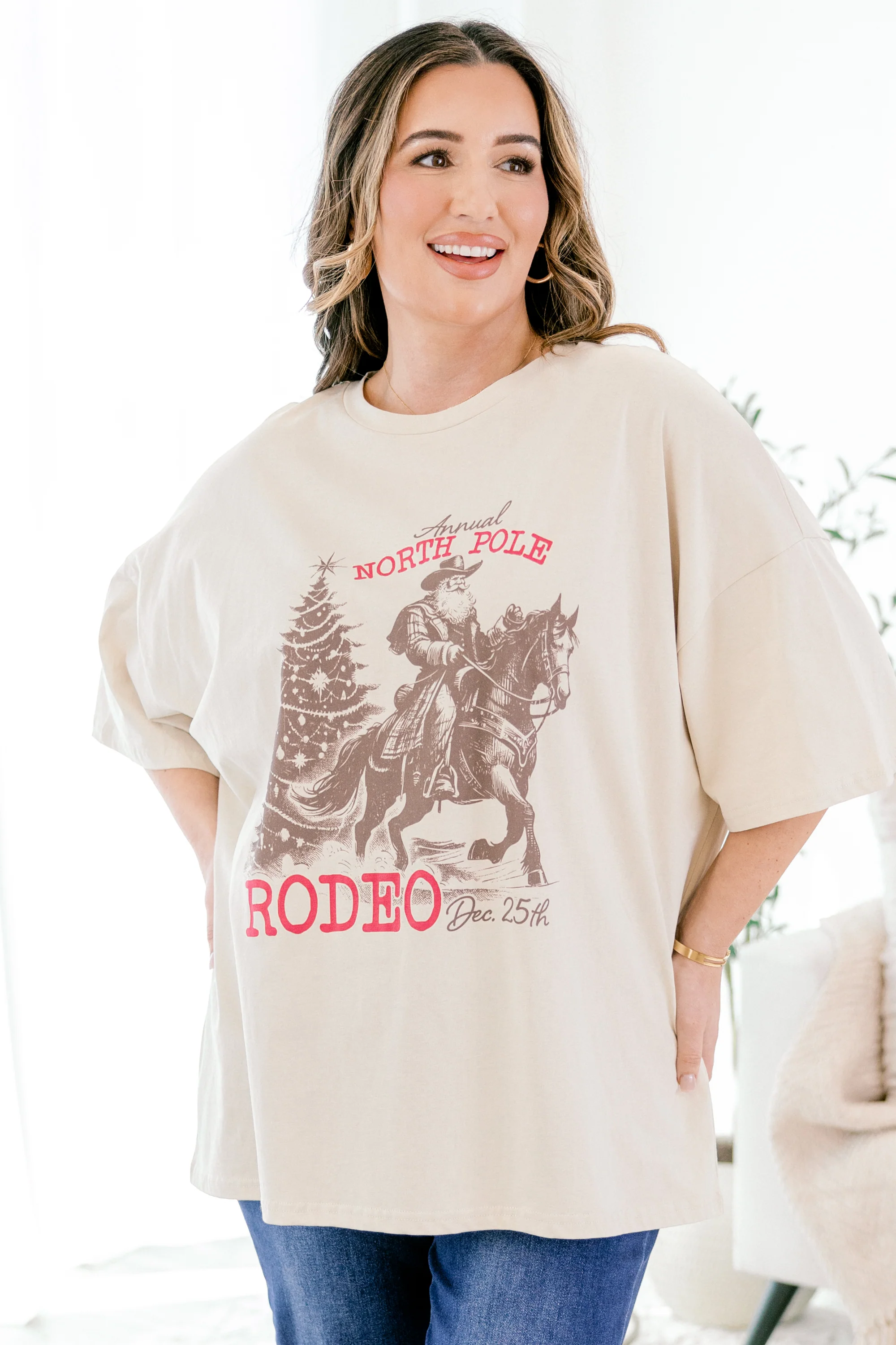 North Pole Rodeo Boyfriend Tee, Light Mocha - Weilaico