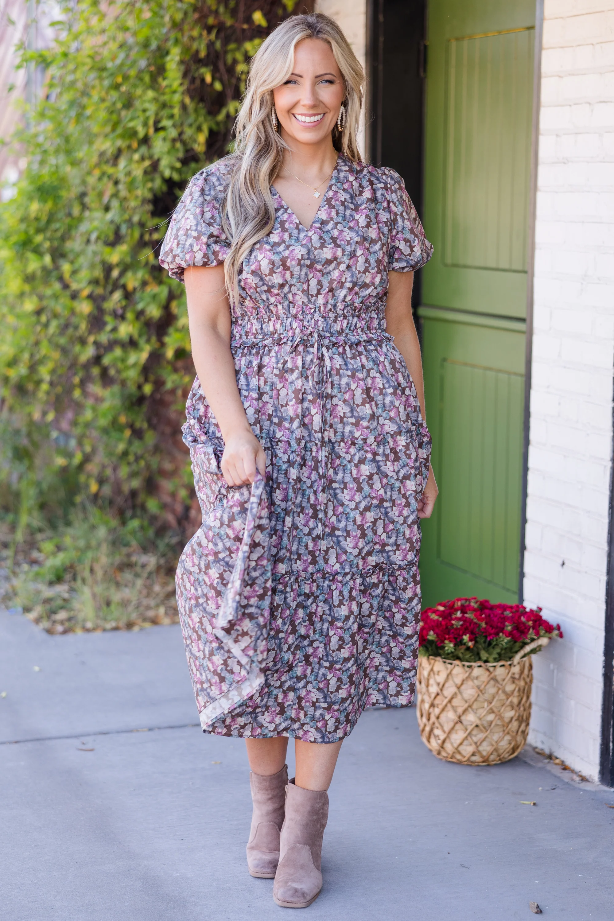 Muted Garden Midi Dress, Purple - Weilaico