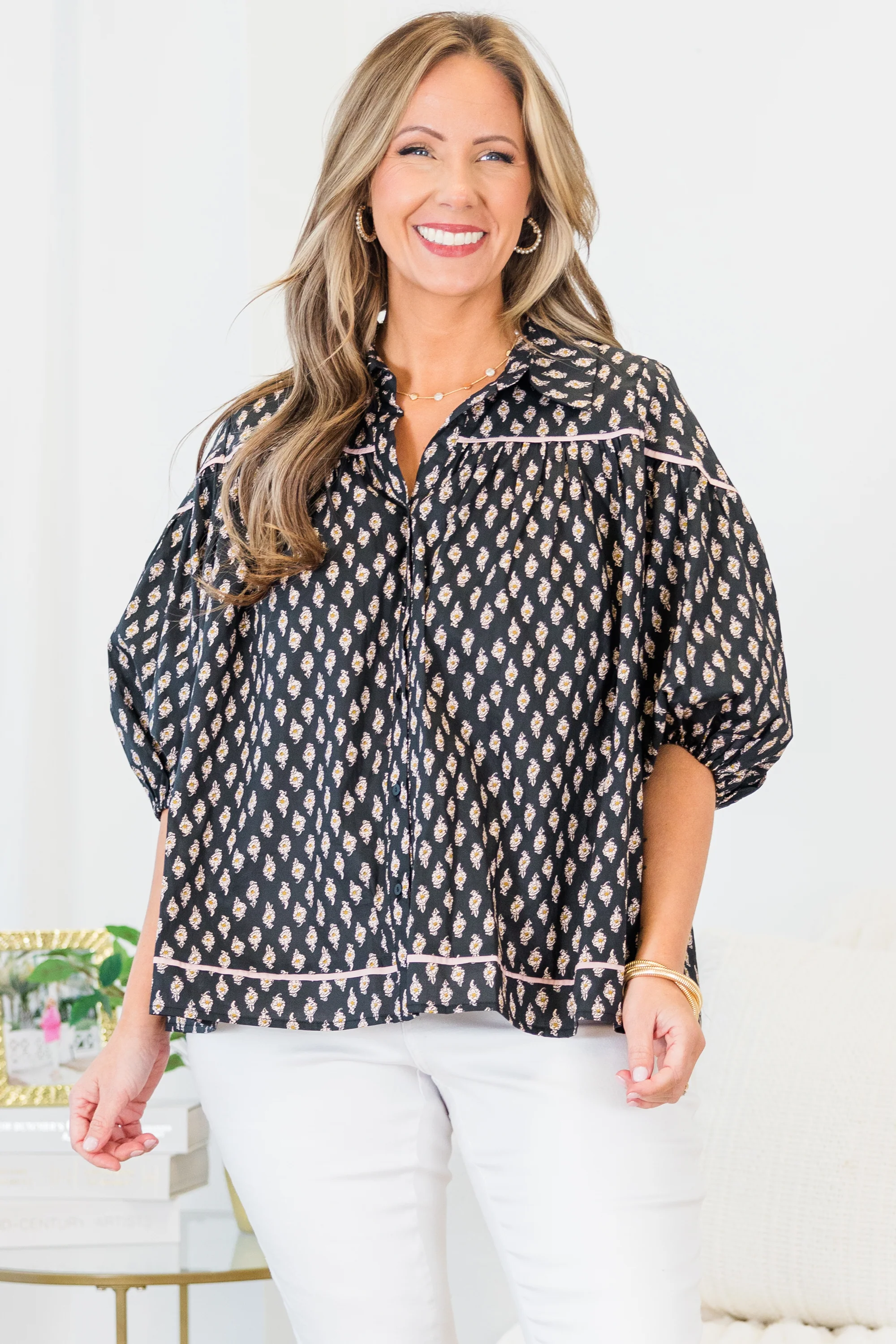 Love Is All Around Blouse, Black/Pink - Weilaico