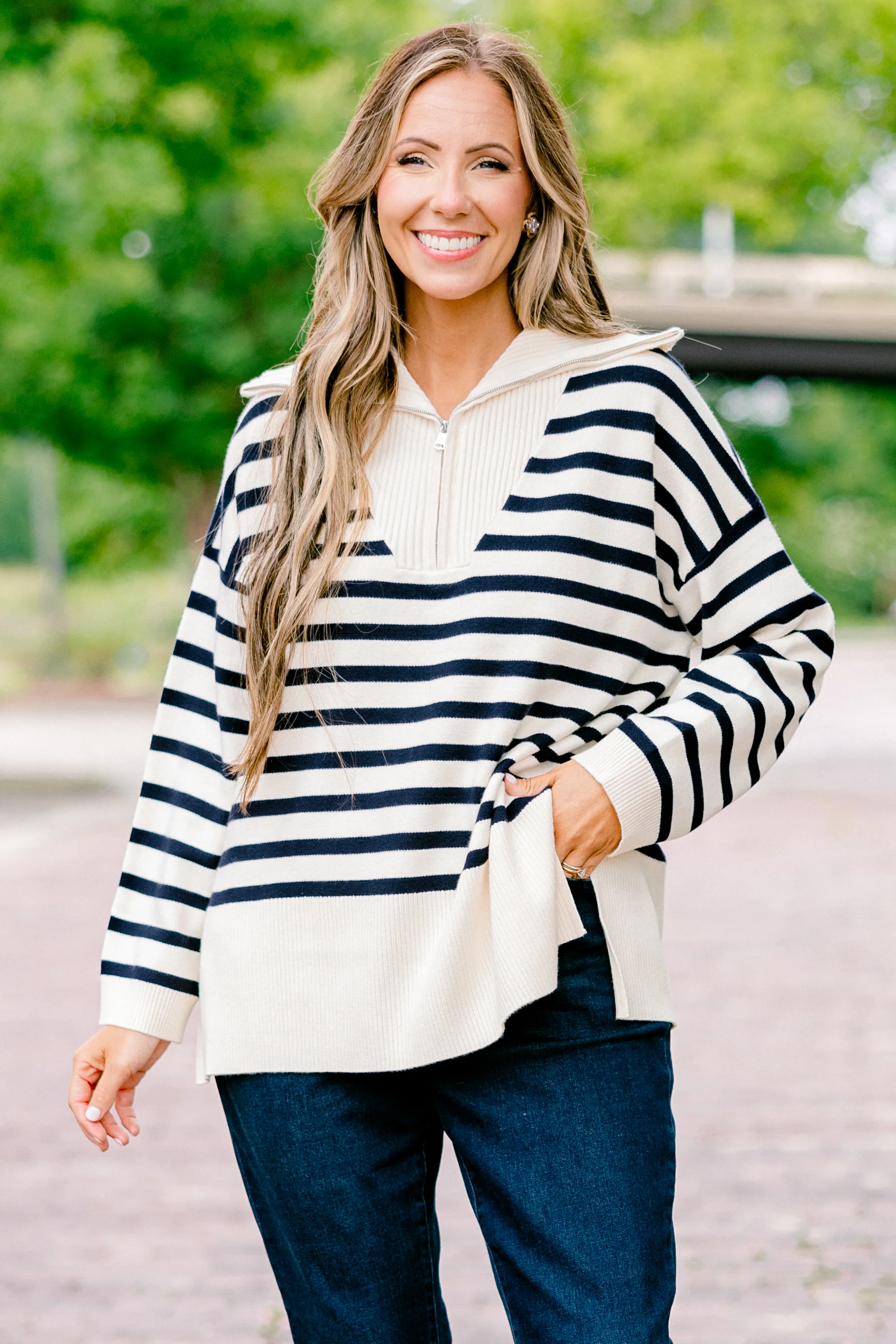 Sweet Stripes Sweater, Taupe - Weilaico