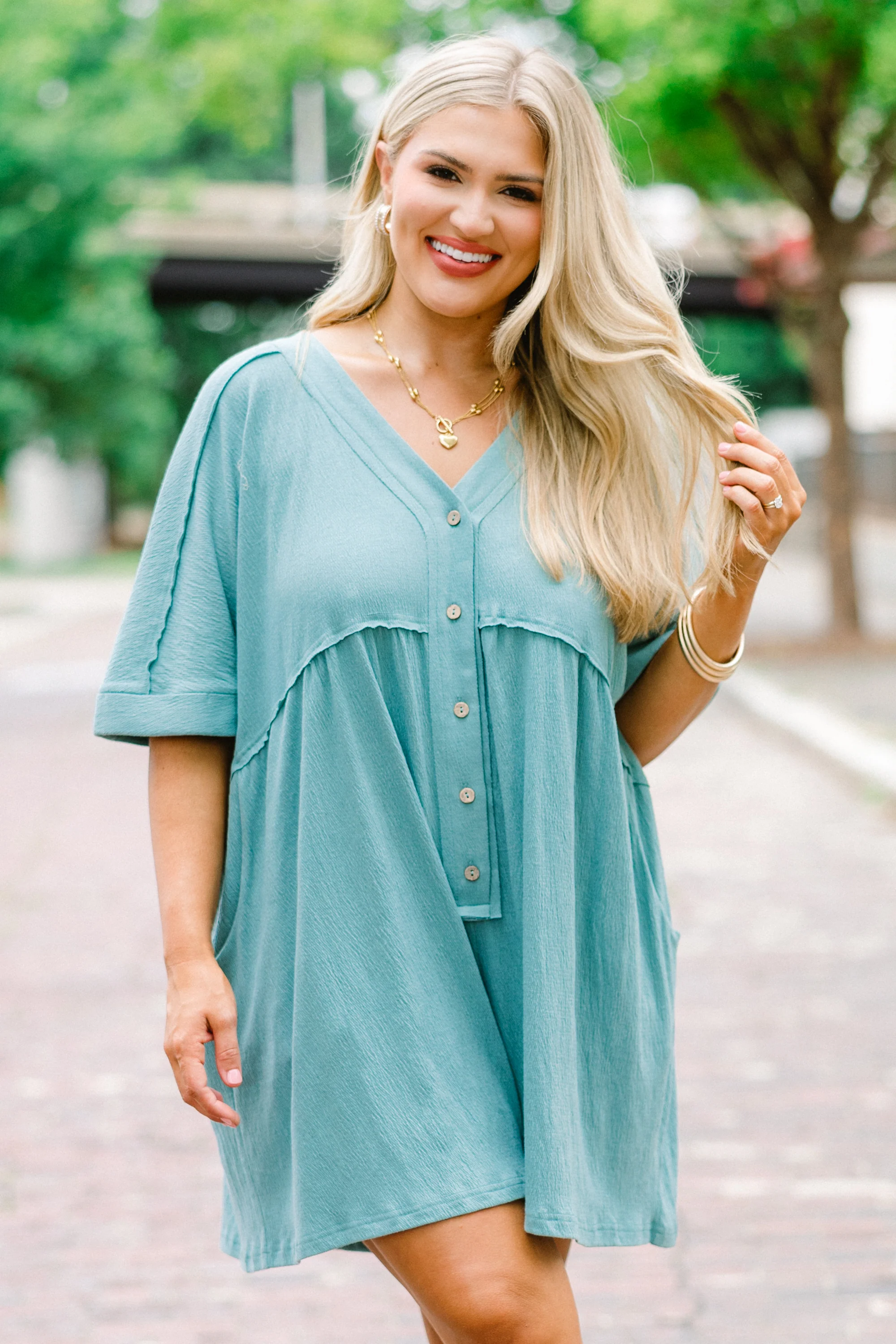 Throw On And Go Romper, Dusty Teal - Weilaico