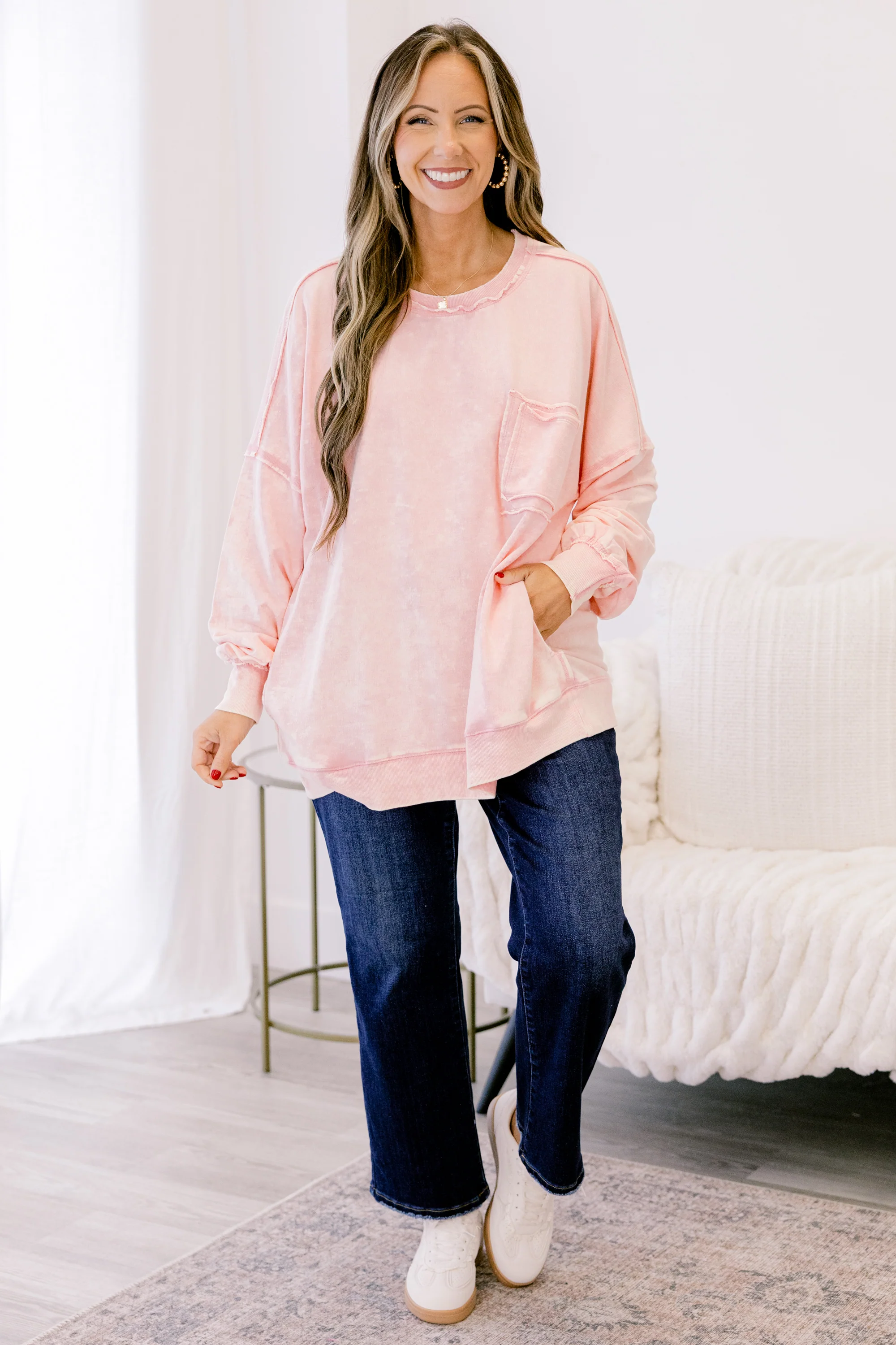 Here With Open Arms Pullover, Pink - Weilaico