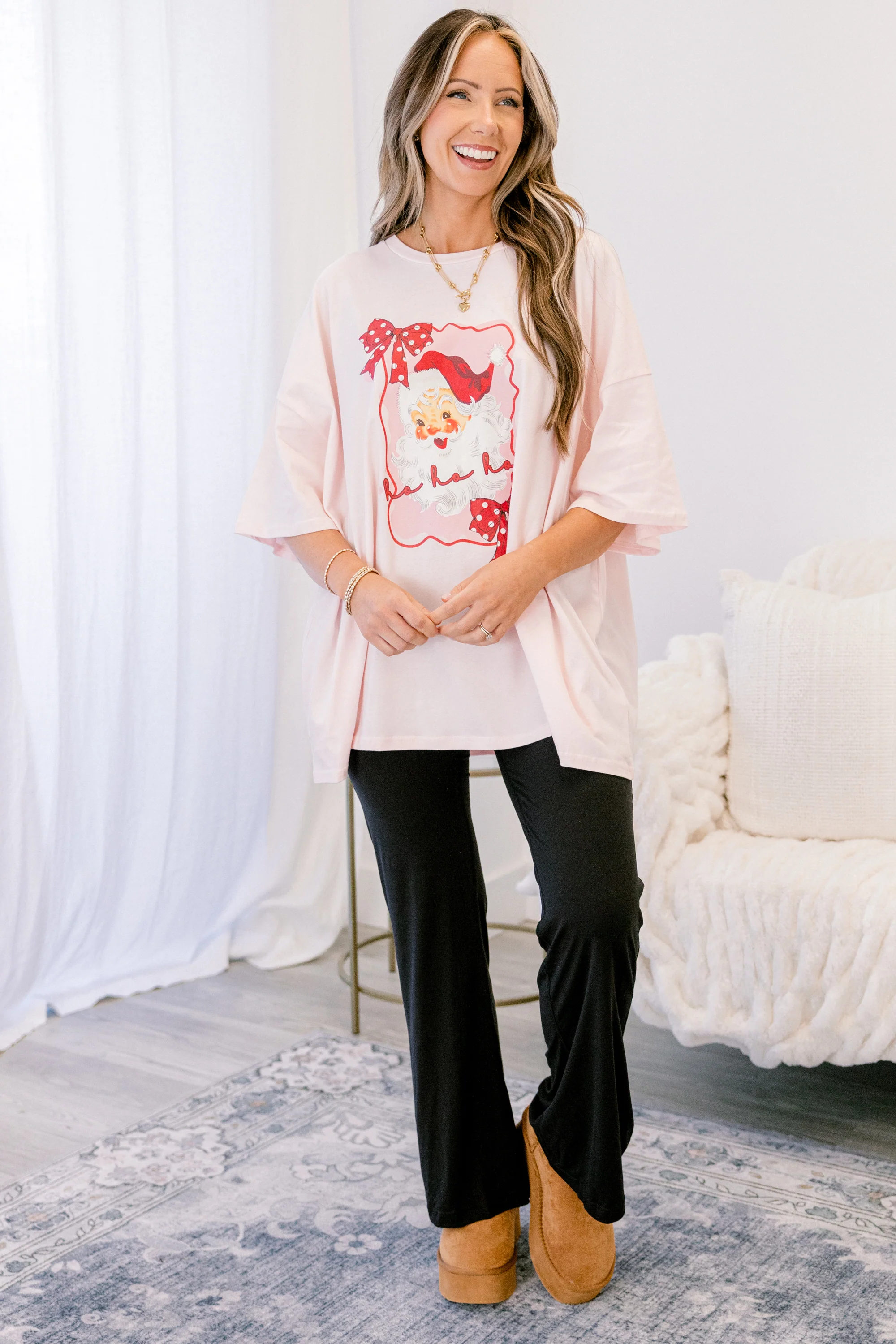 Santa Season Imported Boyfriend Tee, Cream Pink - Weilaico