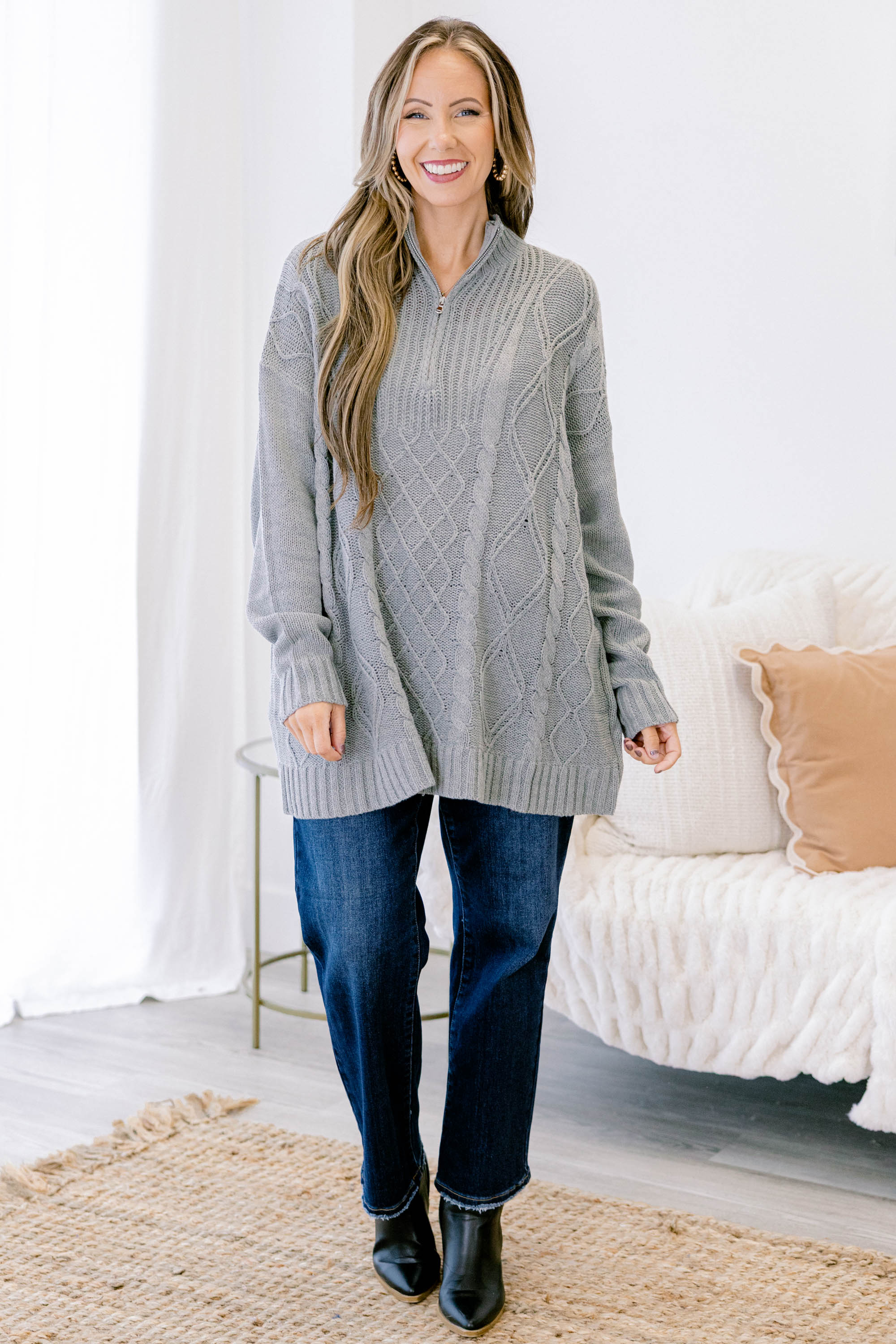 Cable Knit Classic Sweater, Gray - Weilaico