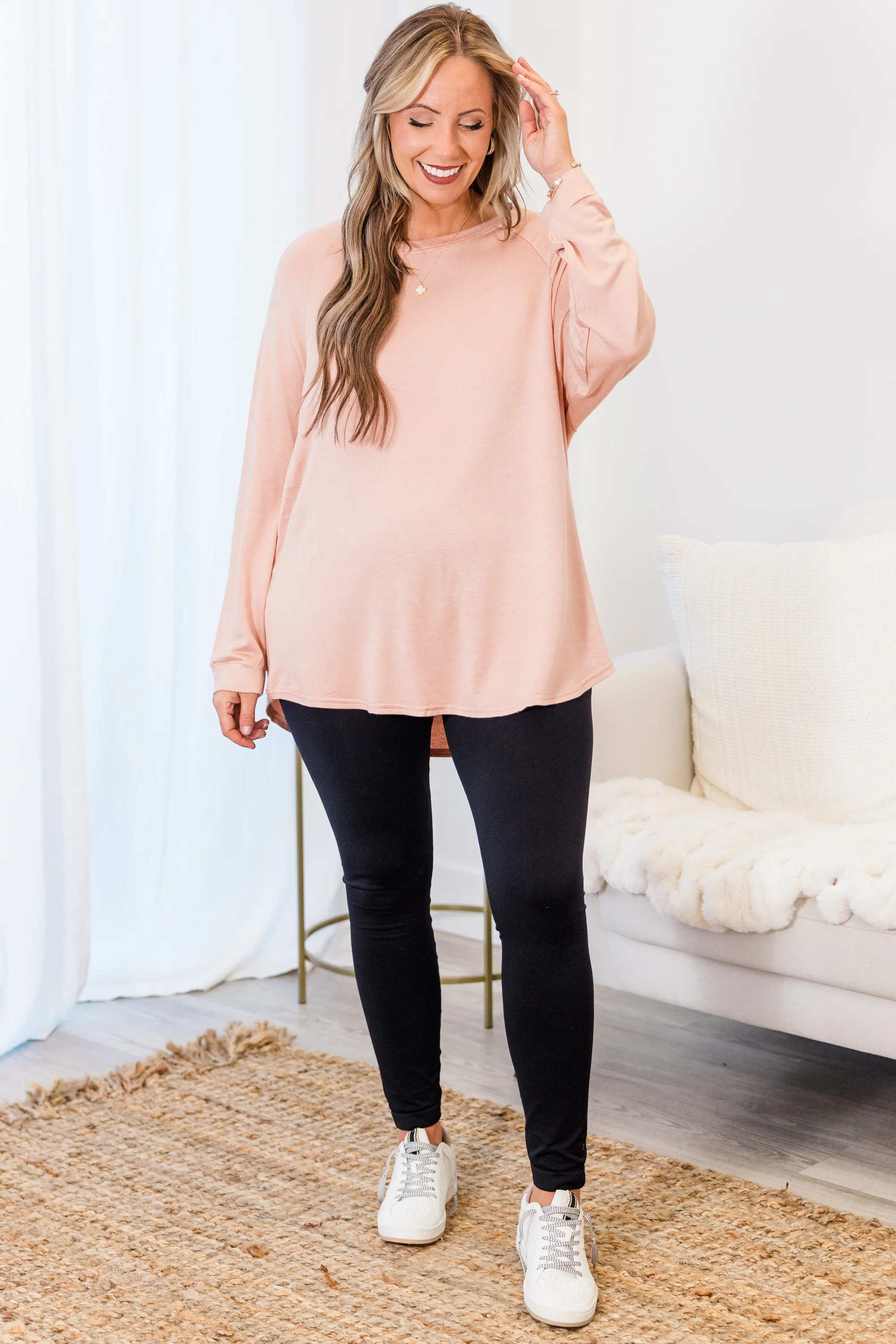 Curved Hem Slouchy Dolman Tunic, Blush Fleece - Weilaico