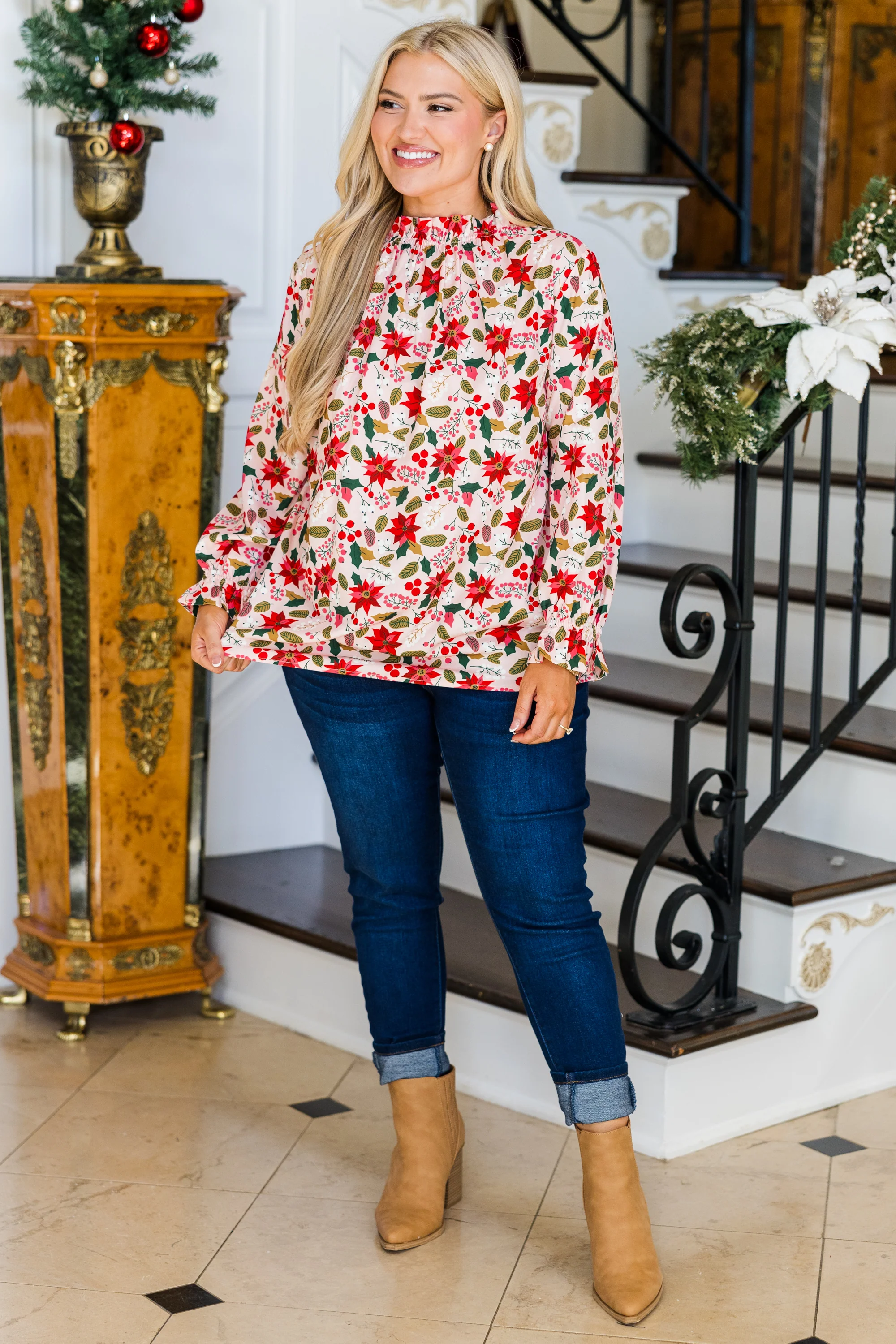 Pretty Poinsetta Top, Red - Weilaico