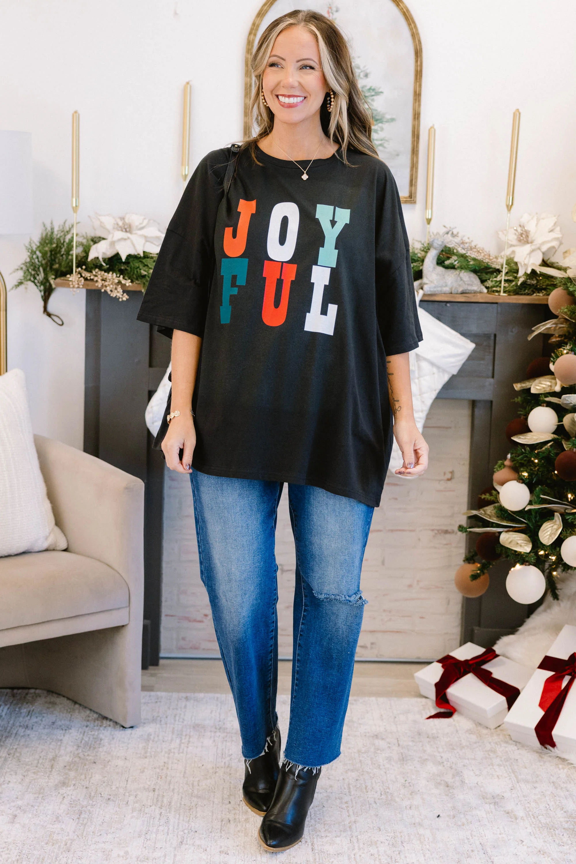 Joyful Boyfriend Tee, Black - Weilaico