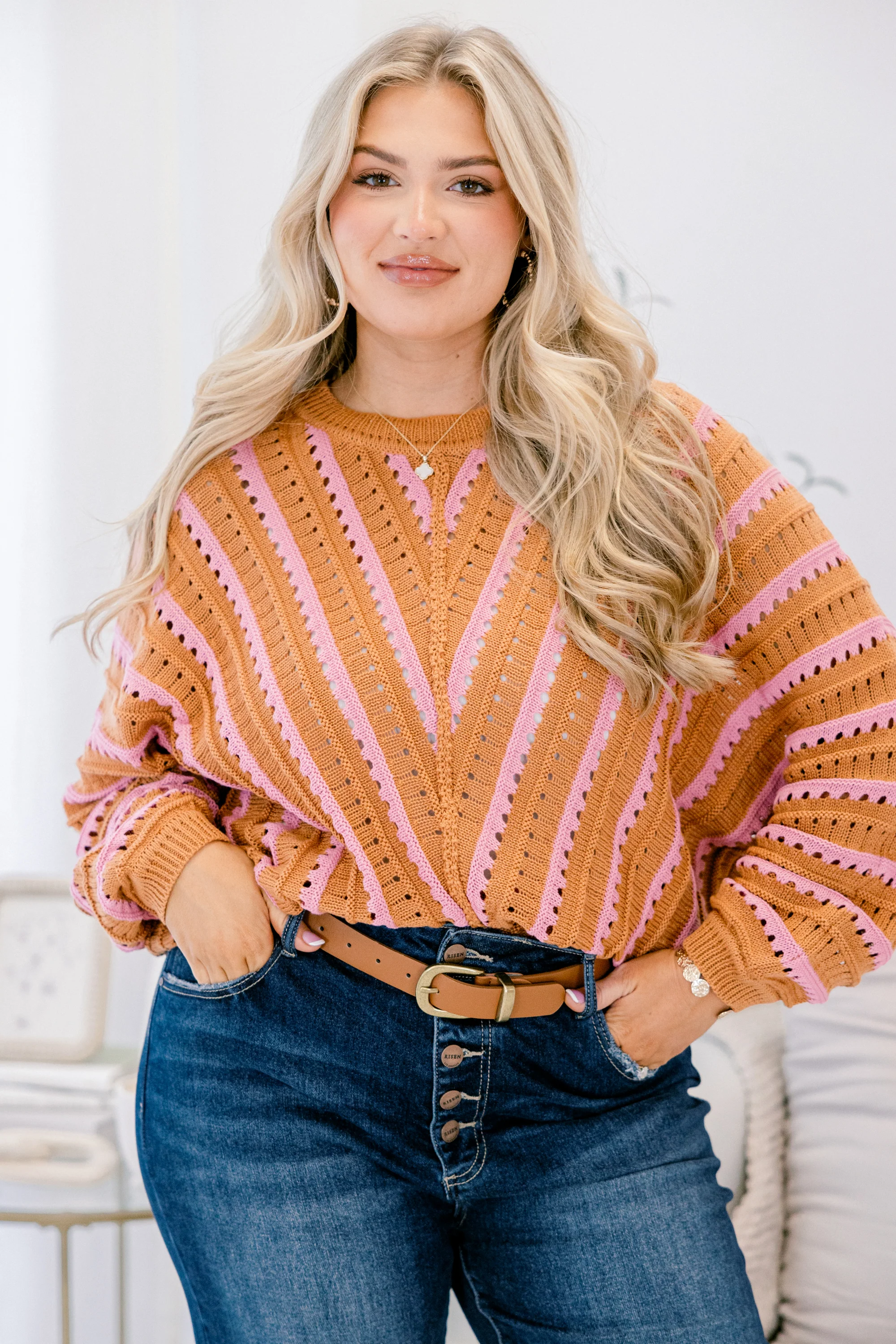 Hometown Memories Sweater, Brown-Pink - Weilaico